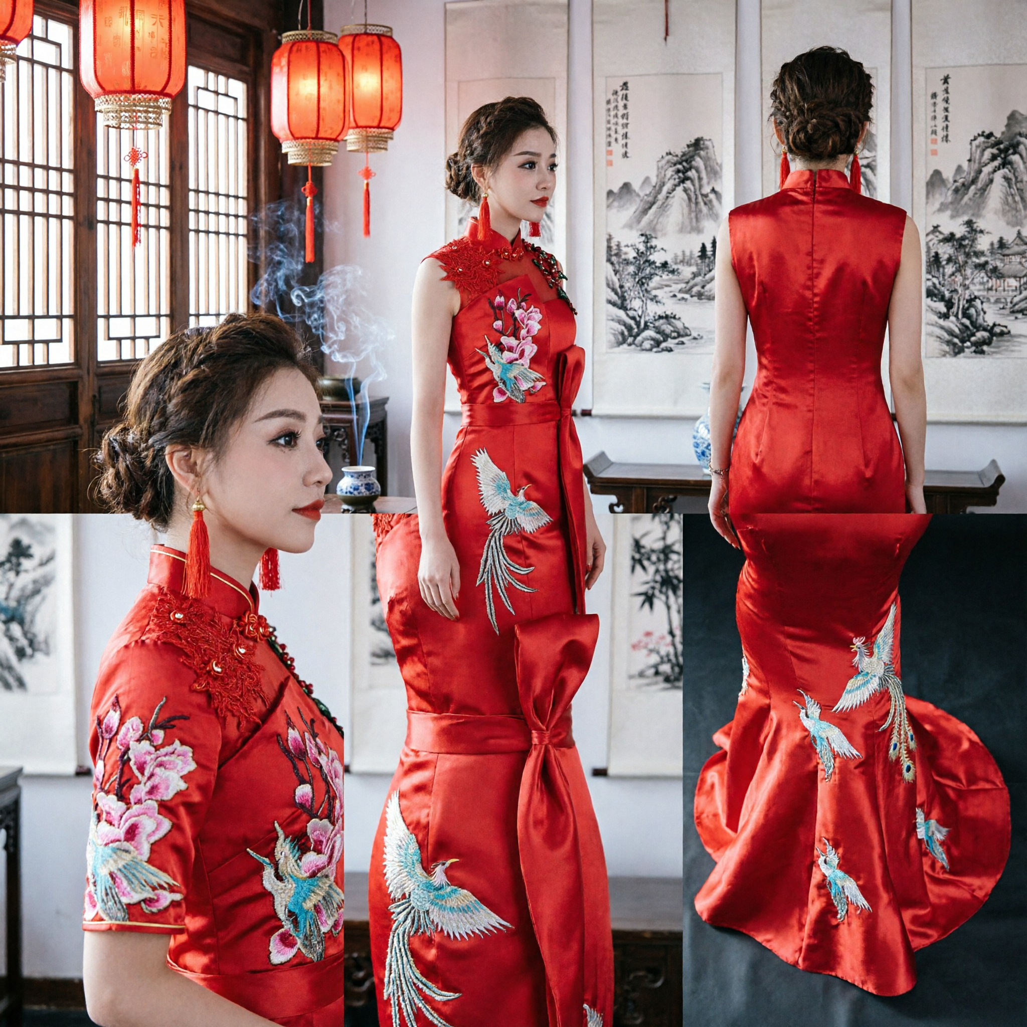 Red Chinese Wedding Toast Dress Traditional Embroidered Phoenix Cheongsam Mermaid Evening Gown for Bride - Asian Costume