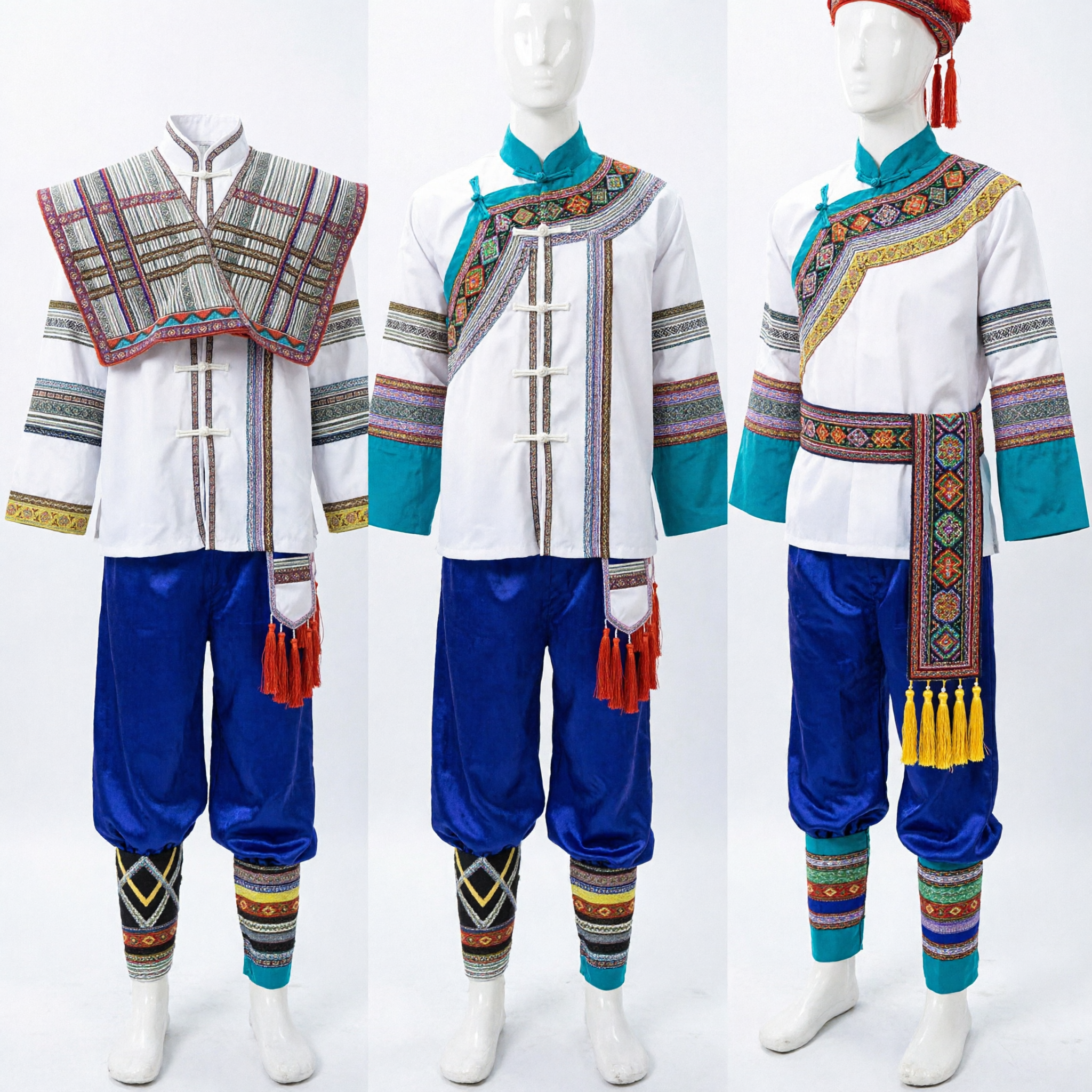 Traditional Chinese Ethnic Minority Folk Costume Men's Embroidered Clothing Set for Stage Dance Performance - Asian Costume