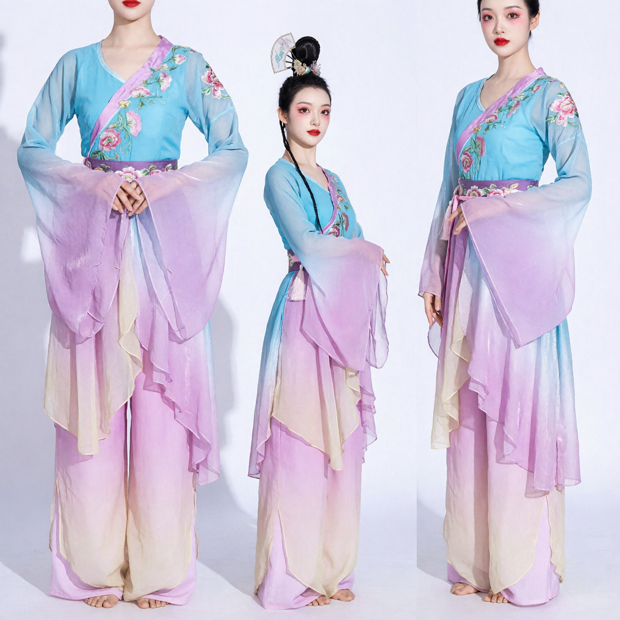 Chinese Classical Dance Costume for Women Gradient Pink and Blue Hanfu Stage Performance Outfit with Flowing Sleeves - Asian Costume