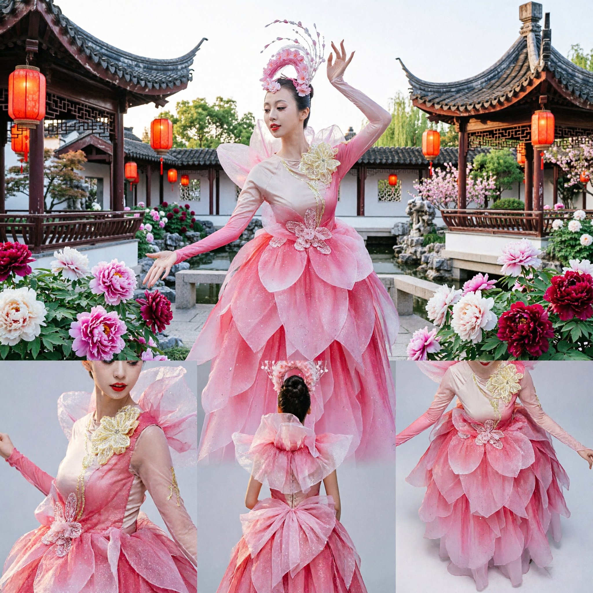 Pink Chinese Classical Dance Costume Flower Fairy Dress Stage Performance Folk Dance Outfit for Women with Headpiece - Asian Costume