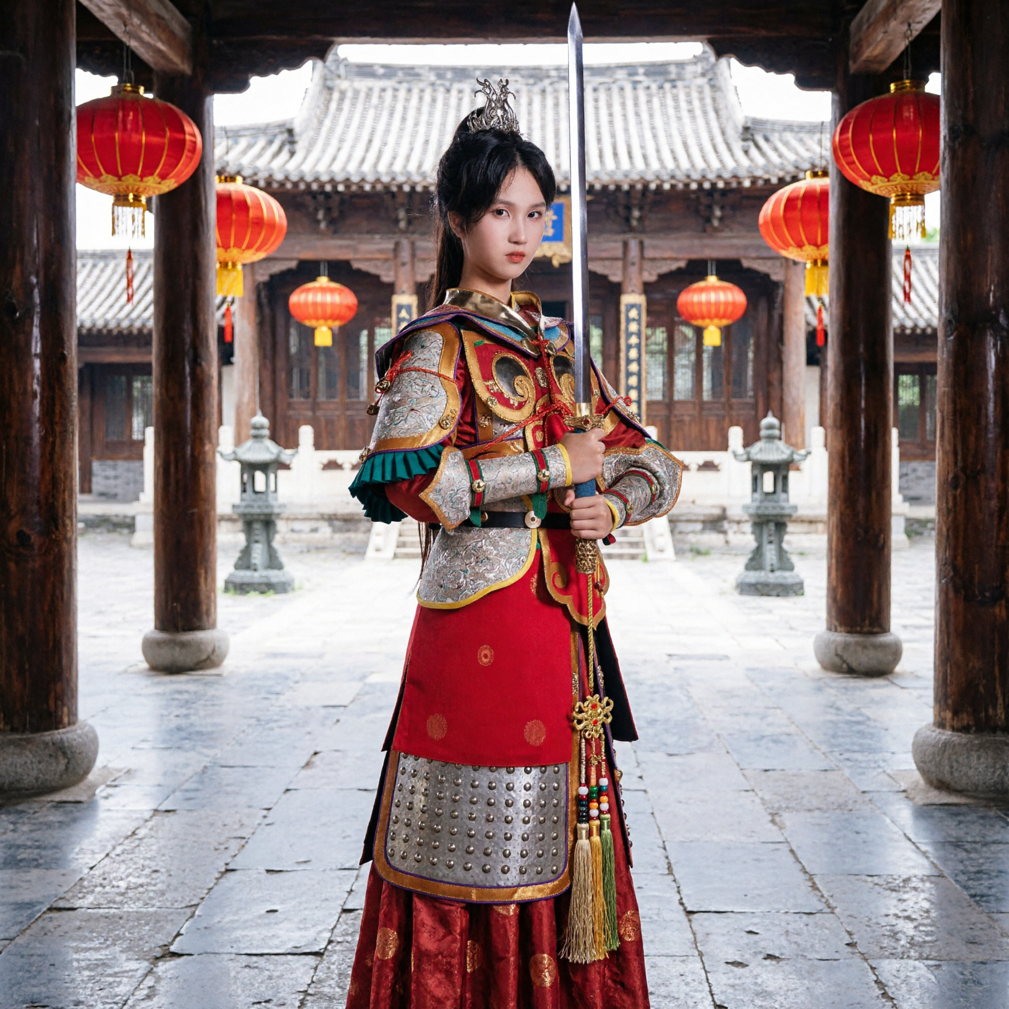 Ancient Chinese Female General Armor Costume Traditional Red Warrior Hanfu for Cosplay and Stage Performance - Asian Costume