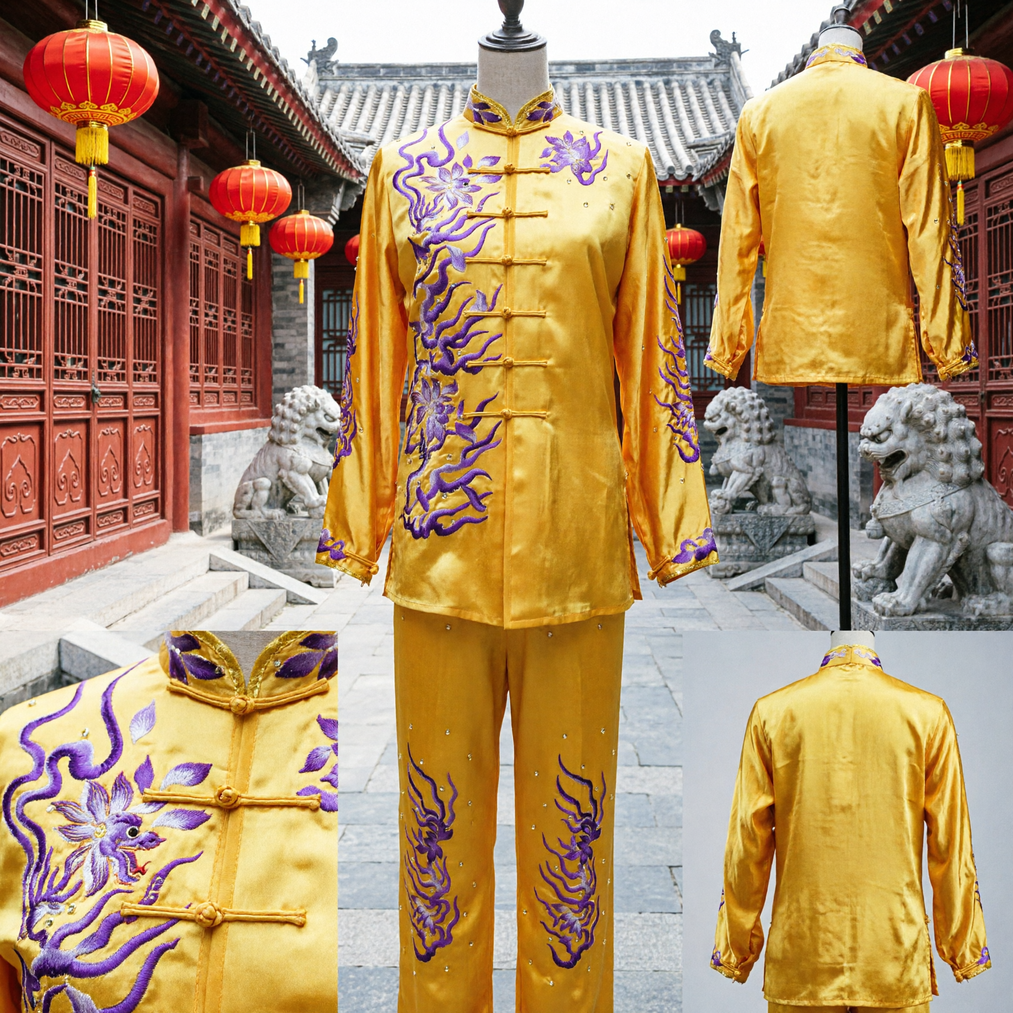 Men's Traditional Yellow Silk Kung Fu Uniform Tai Chi Wushu Costume Embroidered Martial Arts Performance Set - Asian Costume