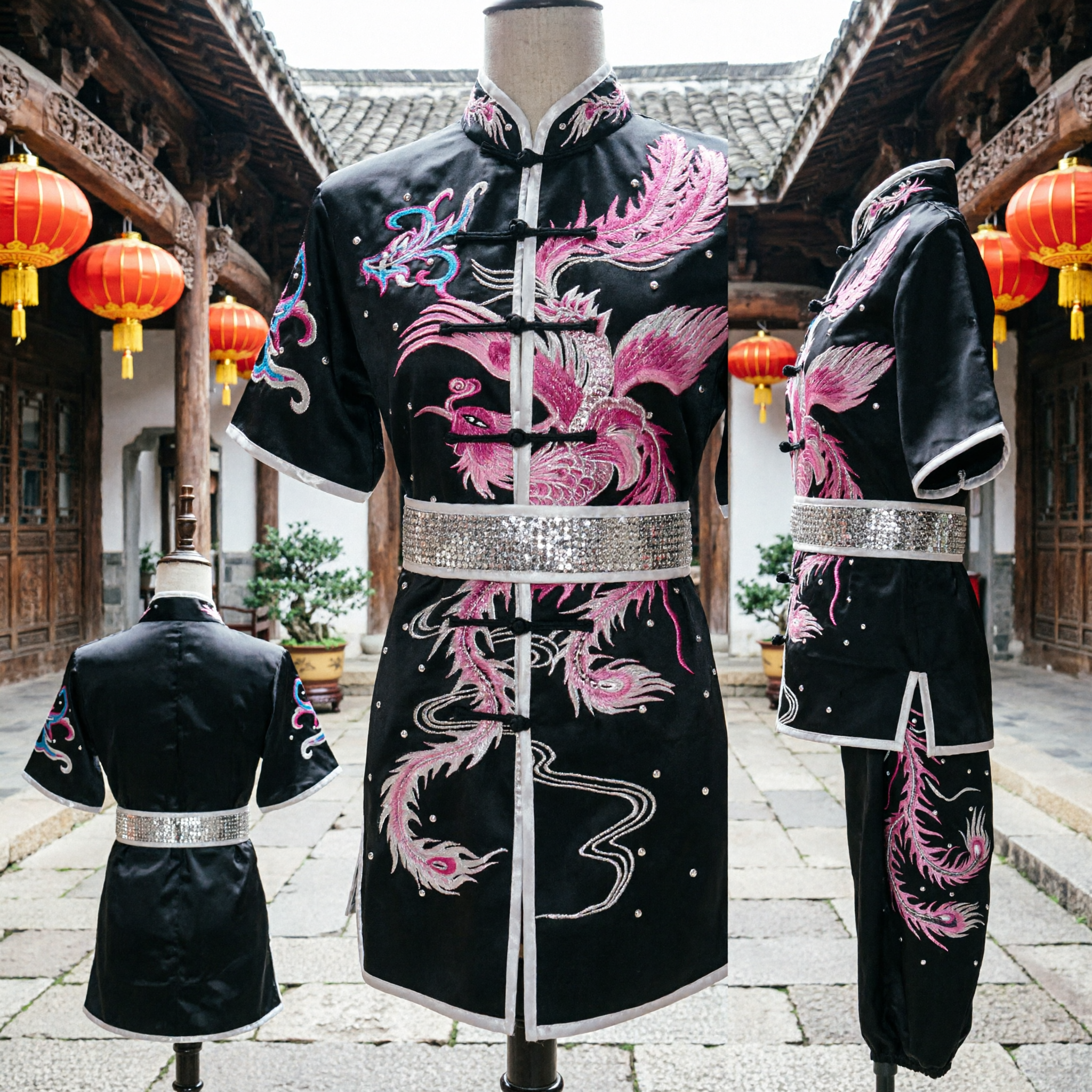 Women's Black Wushu Kung Fu Uniform with Pink Phoenix Embroidery and Silver Belt for Stage Performance - Asian Costume