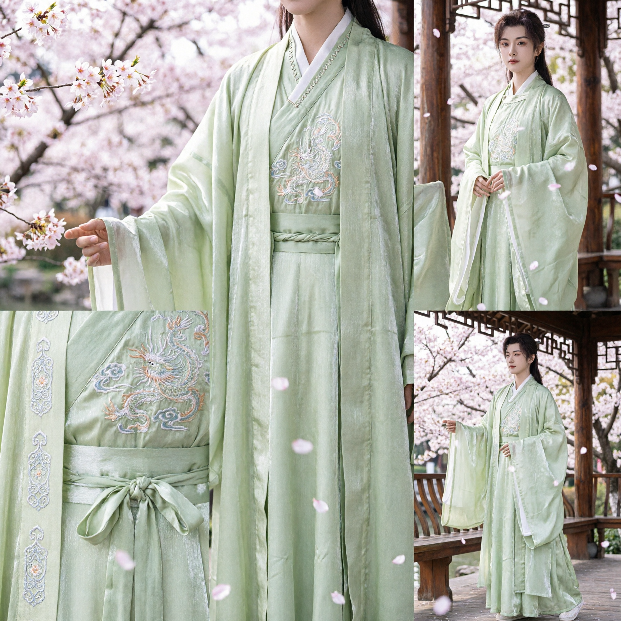Traditional Chinese Hanfu Light Green Silk Robe Set Ancient Scholar Noble Costume for Men Cosplay - Asian Costume