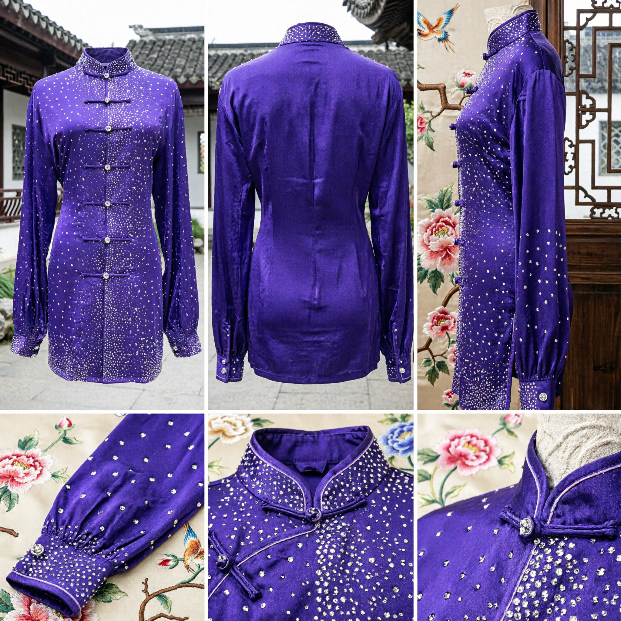 Purple Rhinestone Kung Fu Uniform Traditional Chinese Martial Arts Tai Chi Wushu Performance Costume Set - Asian Costume