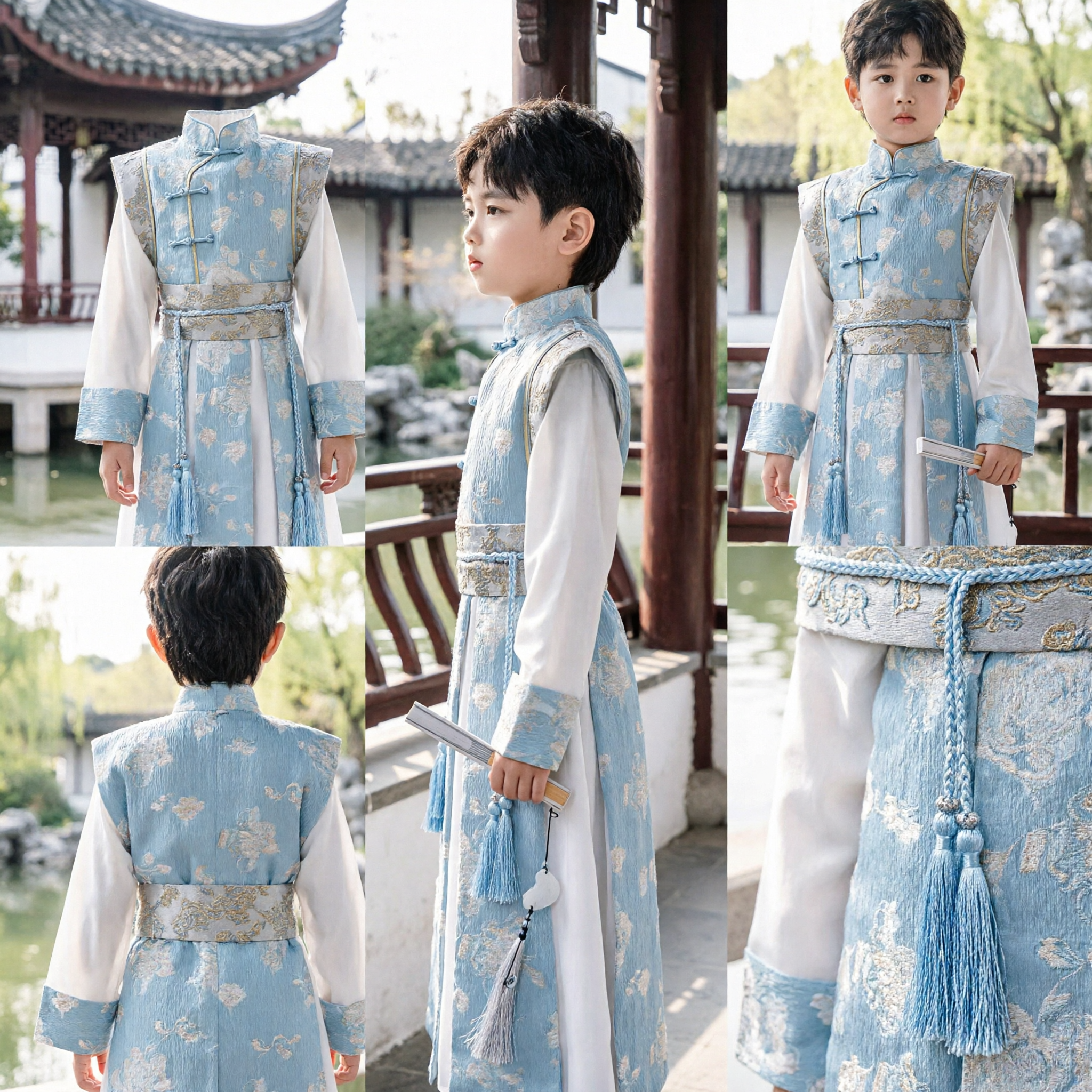Traditional Chinese Hanfu Costume for Boys Blue Brocade Tang Suit Kids Festival Performance Clothing - Asian Costume