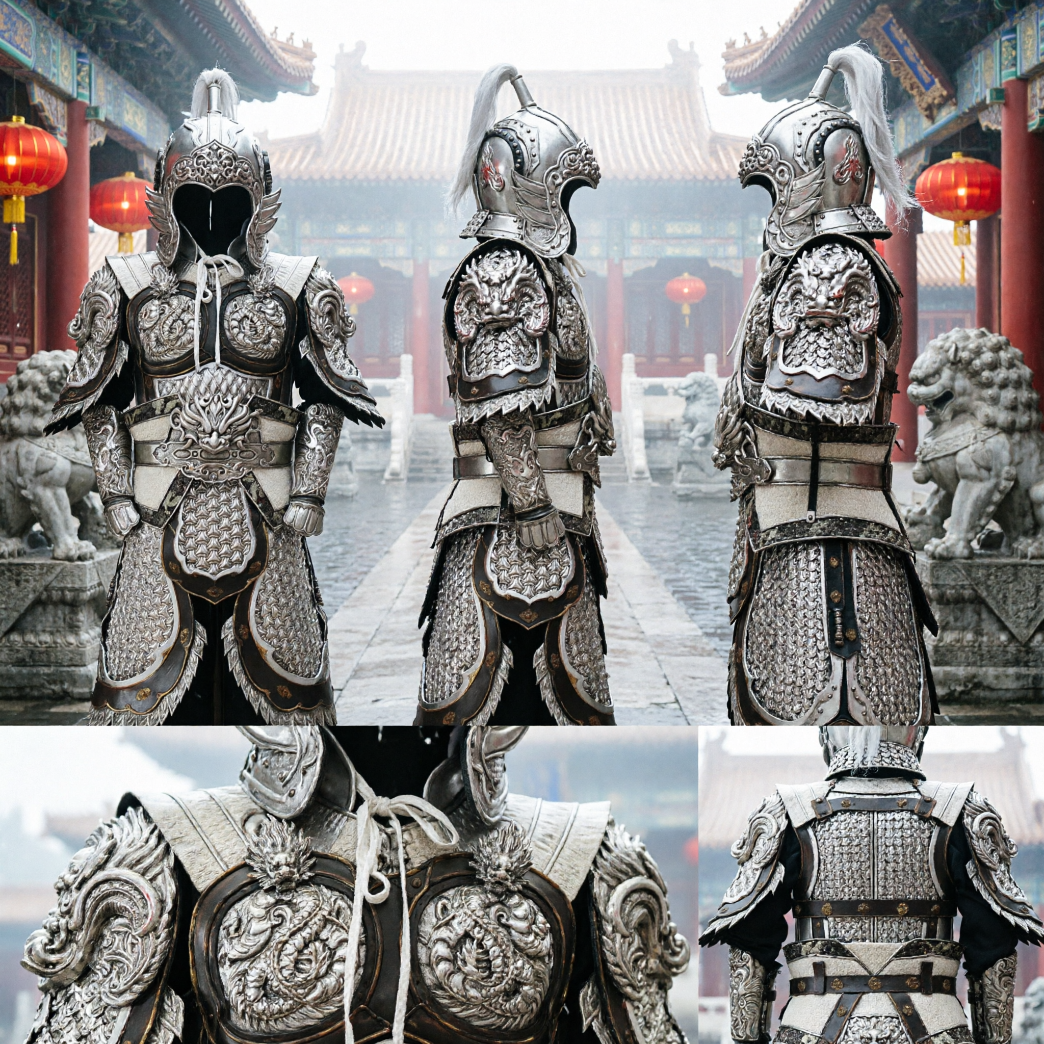 Ancient Chinese General Silver Dragon Armor Full Set Warrior Cosplay Costume for Men Stage Performance - Asian Costume
