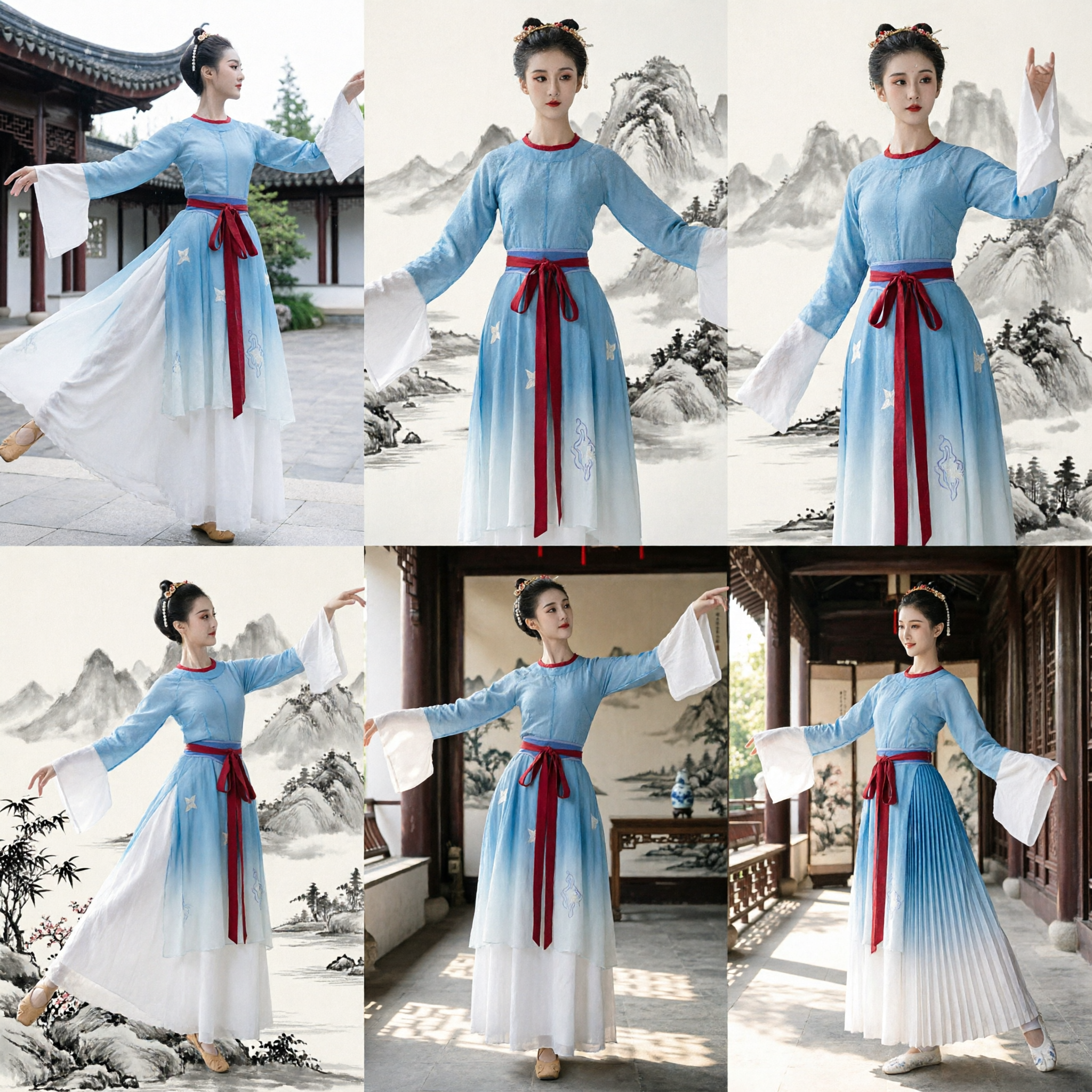 Women's Chinese Classical Dance Costume Blue Hanfu Tang Dynasty Water Sleeve Dress for Stage Performance - Asian Costume