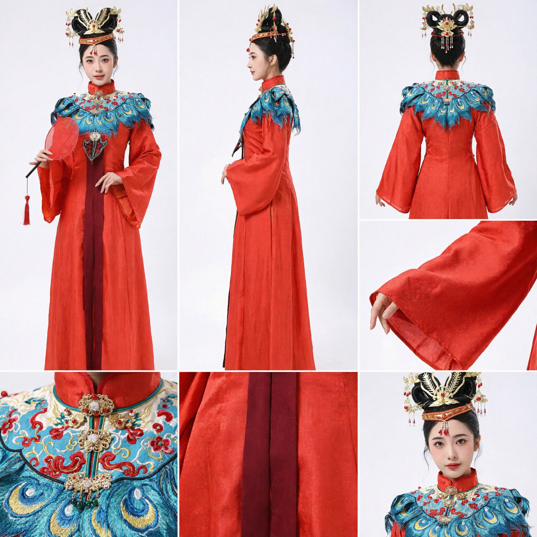 Traditional Chinese Peking Opera Costume Ancient Princess Red Robe with Peacock Cloud Collar and Headwear Set - Asian Costume