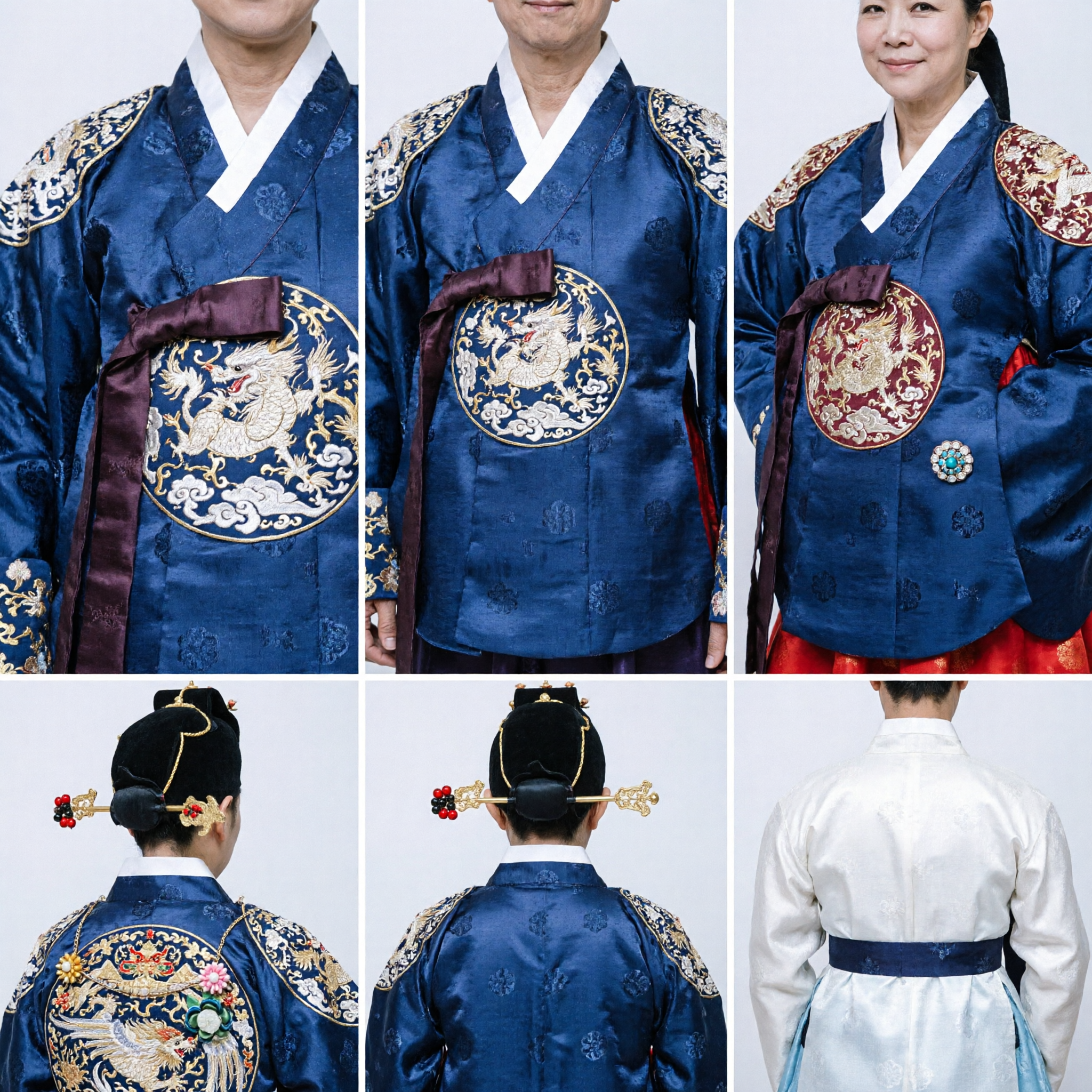 Authentic Korean Traditional Wedding Hanbok Set for Groom and Bride Blue Robe and Red Hwarot - Asian Costume