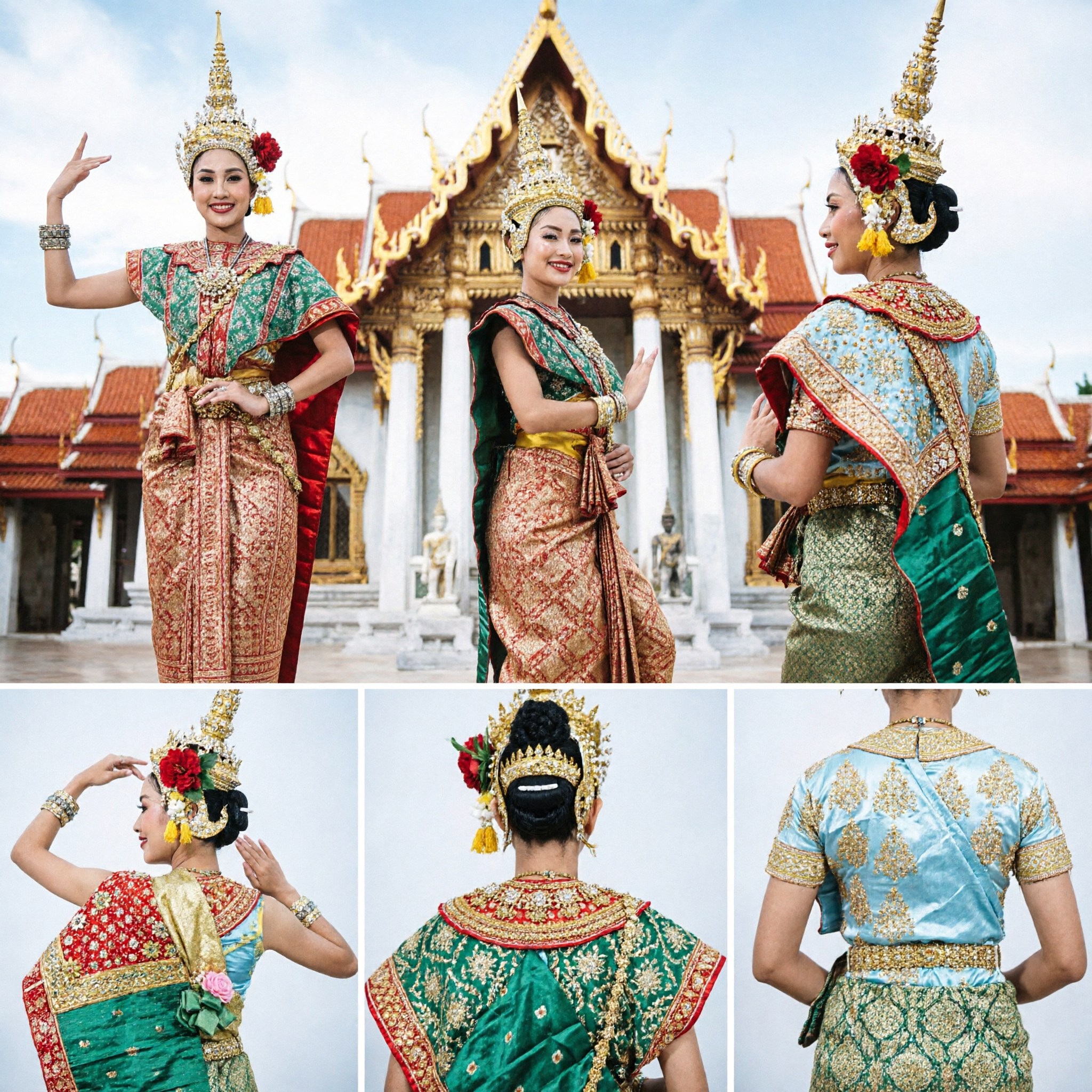Women's Traditional Thai Classical Dance Costume Set with Headdress for Stage Performance and Cultural Festivals - Asian Costume