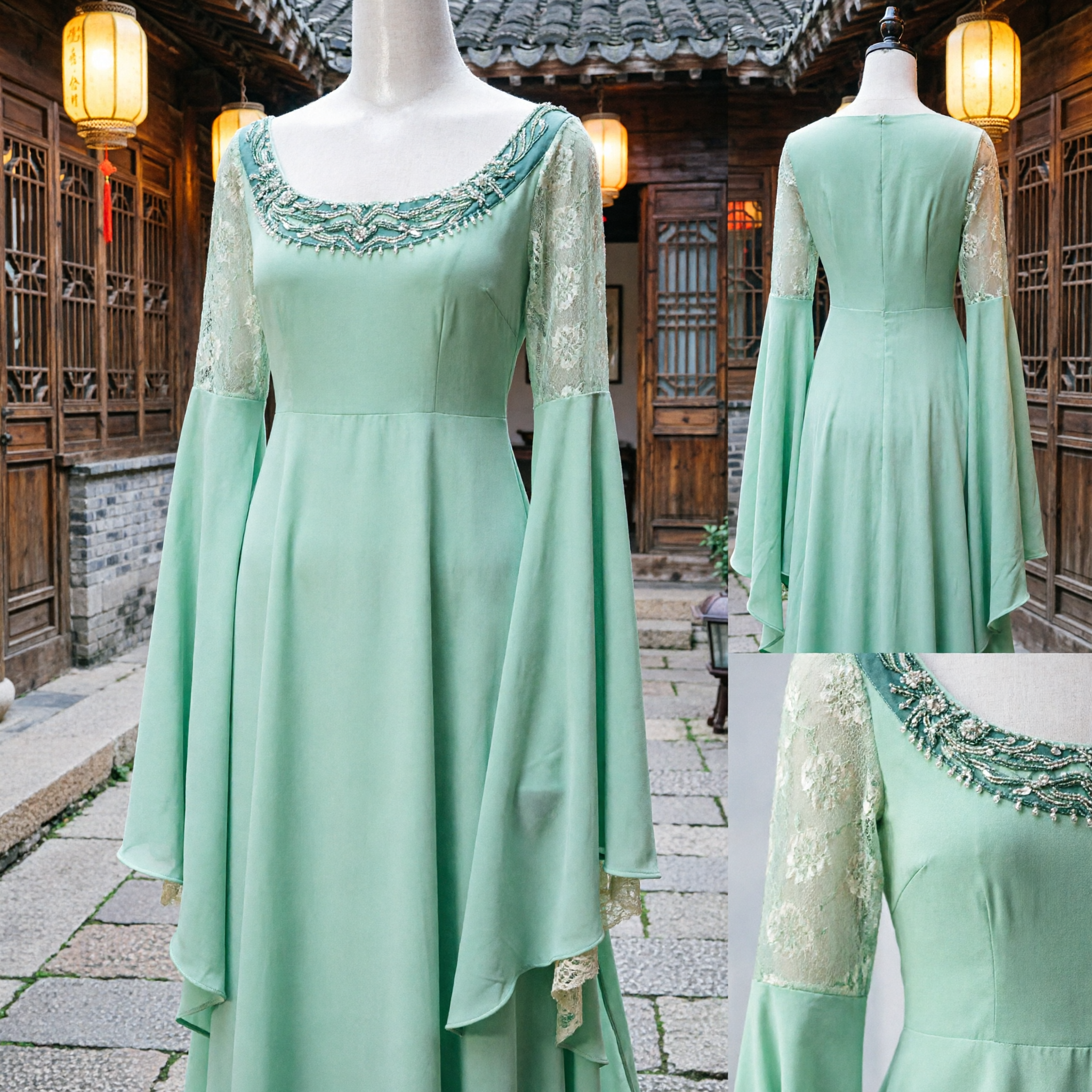 Women's Light Green Medieval Renaissance Gown with Lace Bell Sleeves and Embroidered Bodice for LARP and Cosplay - Asian Costume