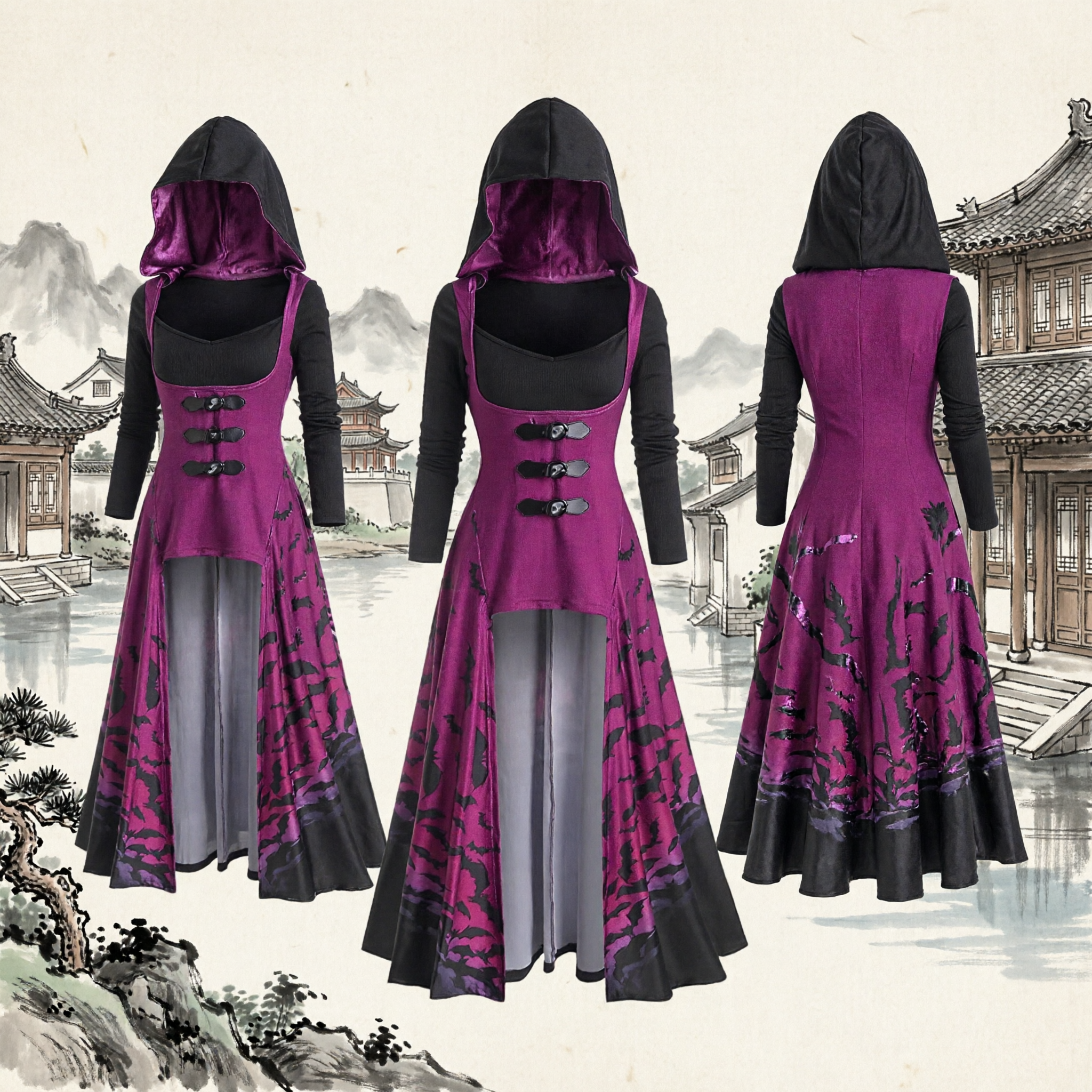 Women's Gothic Medieval Hooded Witch Dress Purple Bat Print Fantasy Costume for Halloween Cosplay LARP - Asian Costume