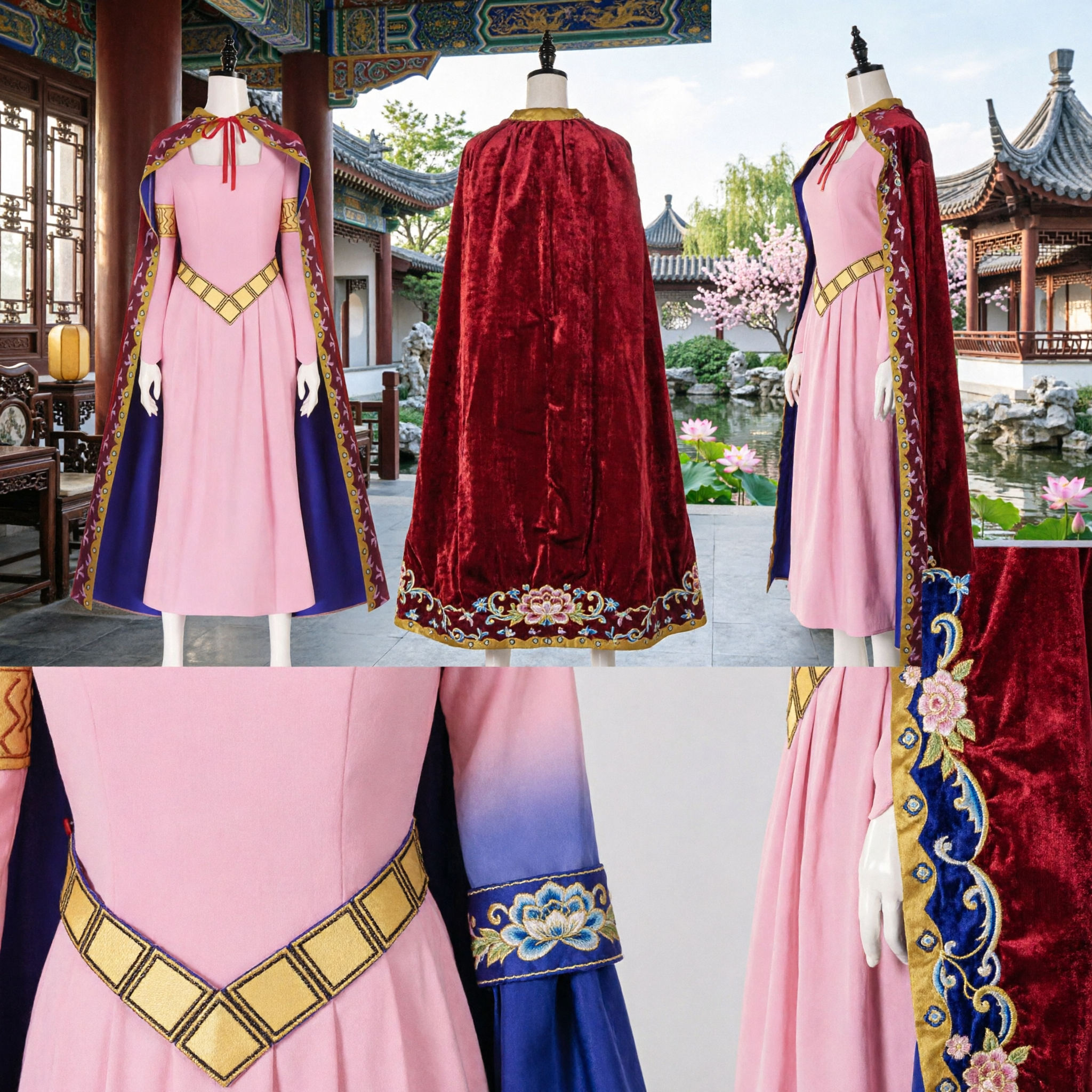 Adult Women Princess Aurora Sleeping Beauty Pink Gown and Cape Cosplay Costume for Halloween Party - Asian Costume