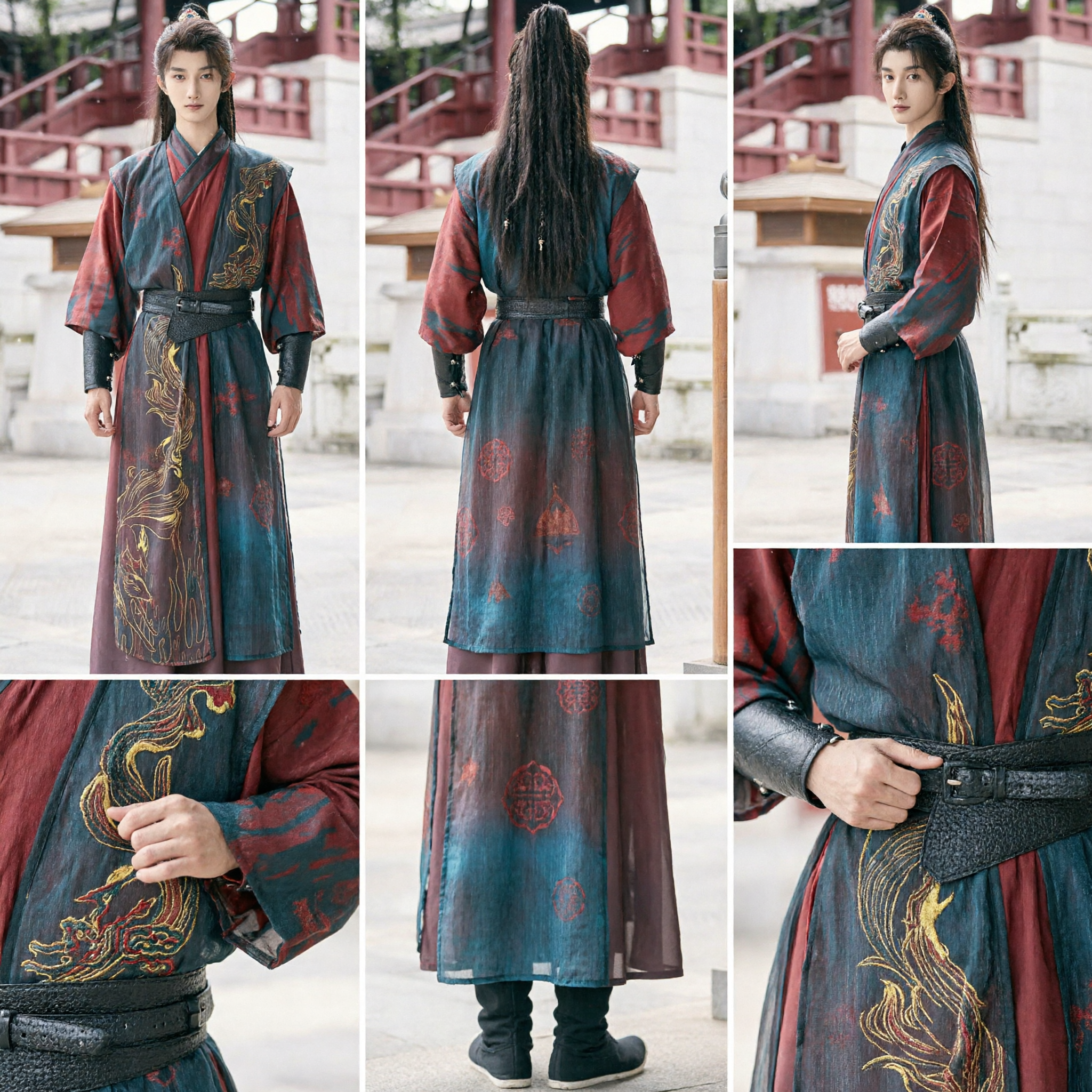 Men's Ancient Chinese Wuxia Swordsman Hanfu Costume Red Black Embroidered Martial Arts Cosplay Outfit Set - Asian Costume