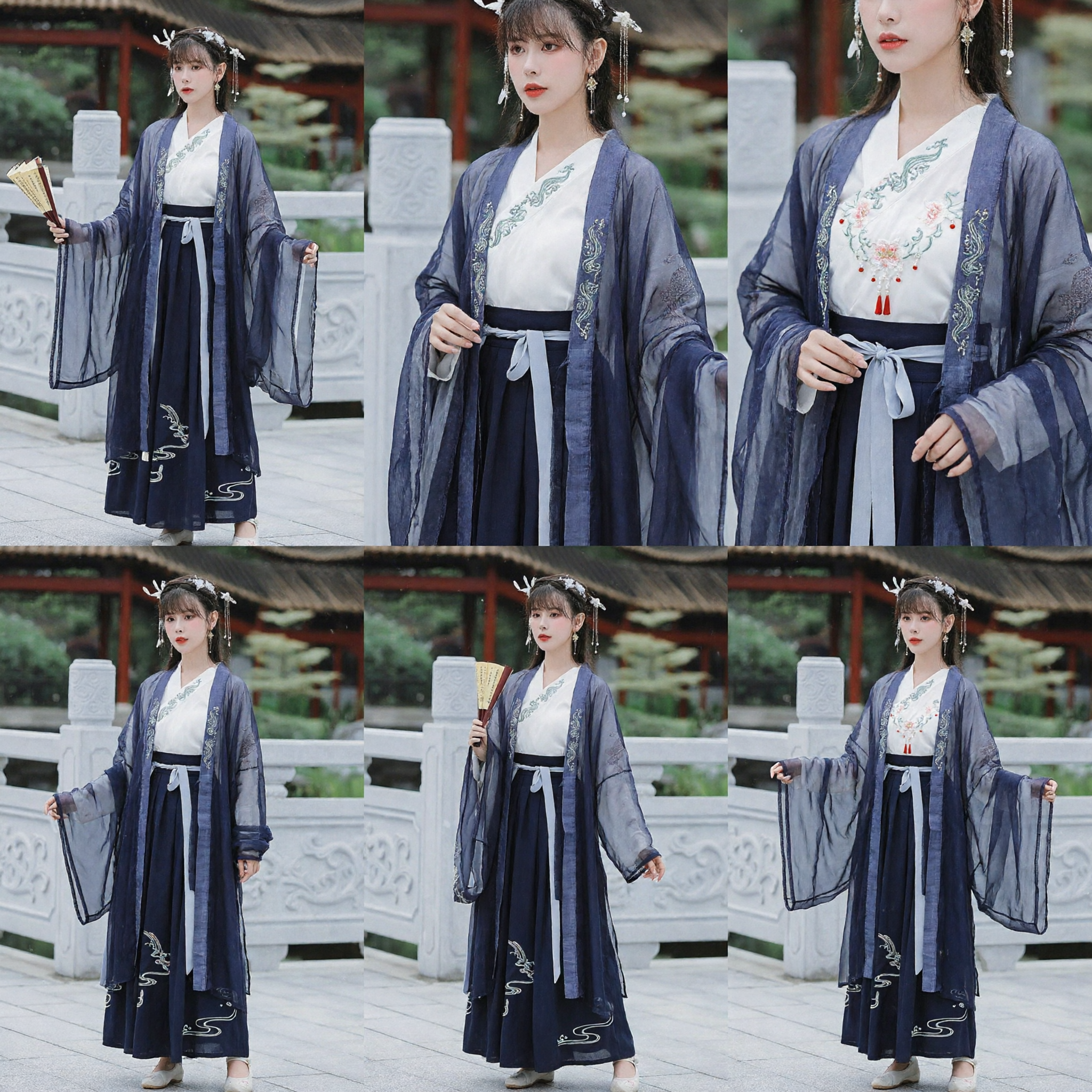 Elegant Traditional Chinese Hanfu Ancient Costume Blue Embroidered Sheer Outer Robe and Long Skirt Set for Women - Asian Costume