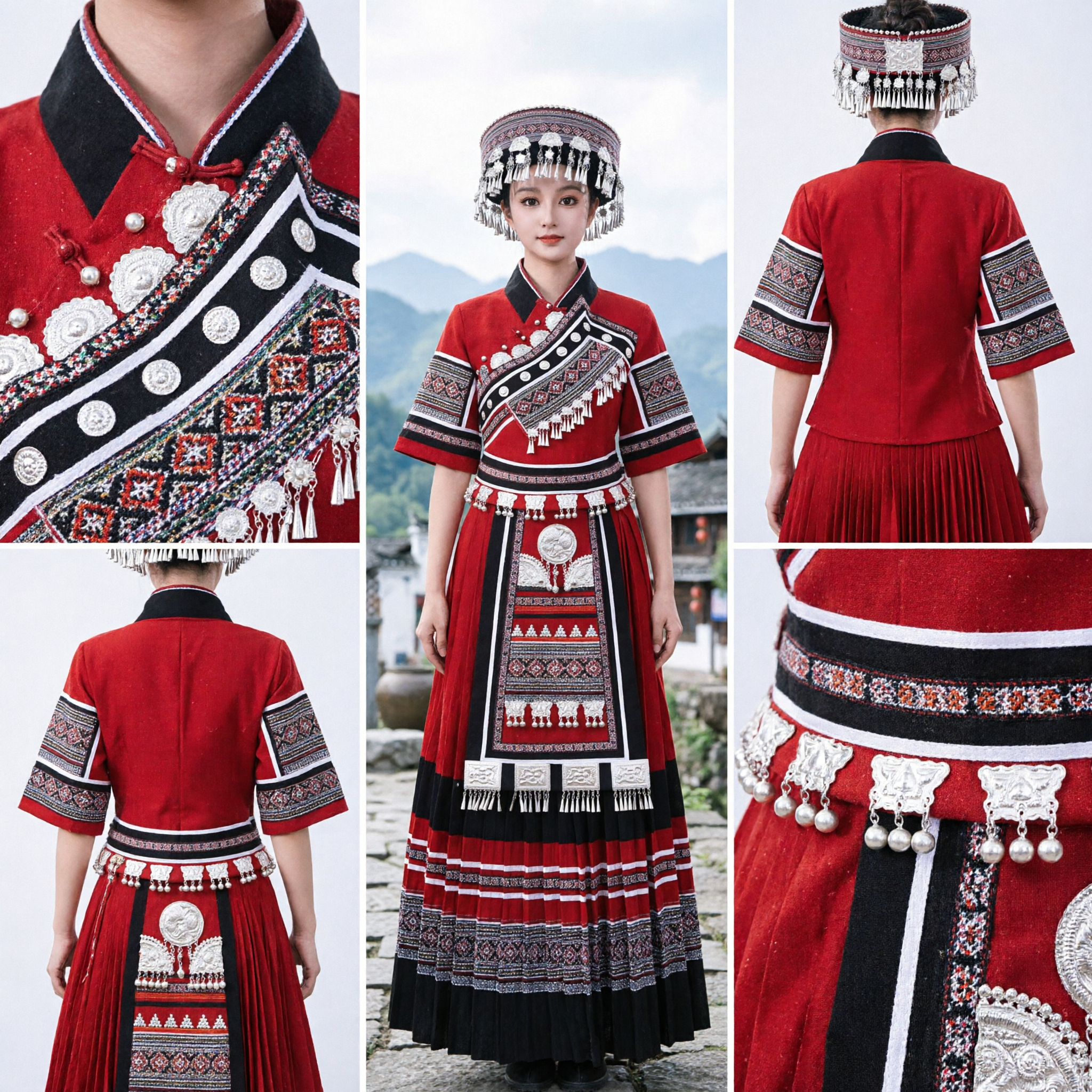 Traditional Chinese Hmong Miao Ethnic Costume Red Embroidery Folk Dance Dress for Women Stage Performance - Asian Costume