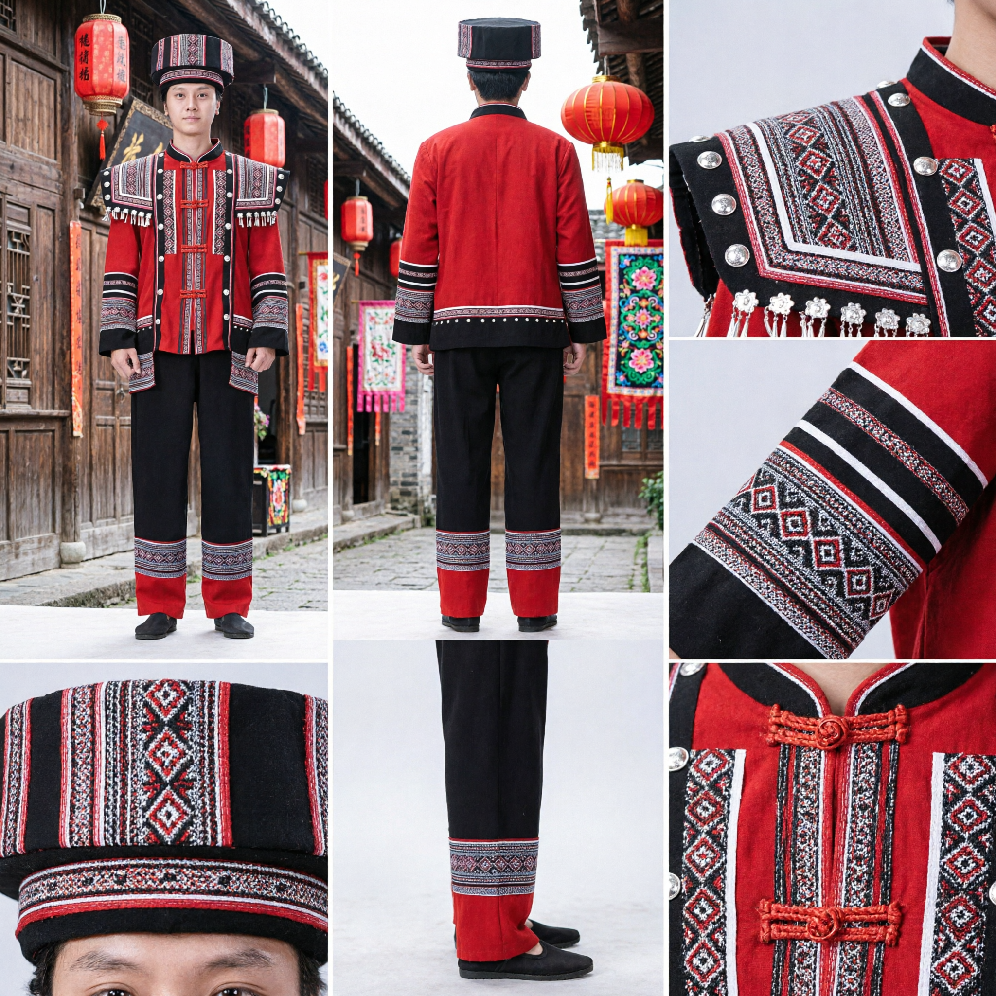 Traditional Chinese Yao Minority Ethnic Costume Men's Red Embroidered Folk Dance Stage Performance Outfit with Hat - Asian Costume