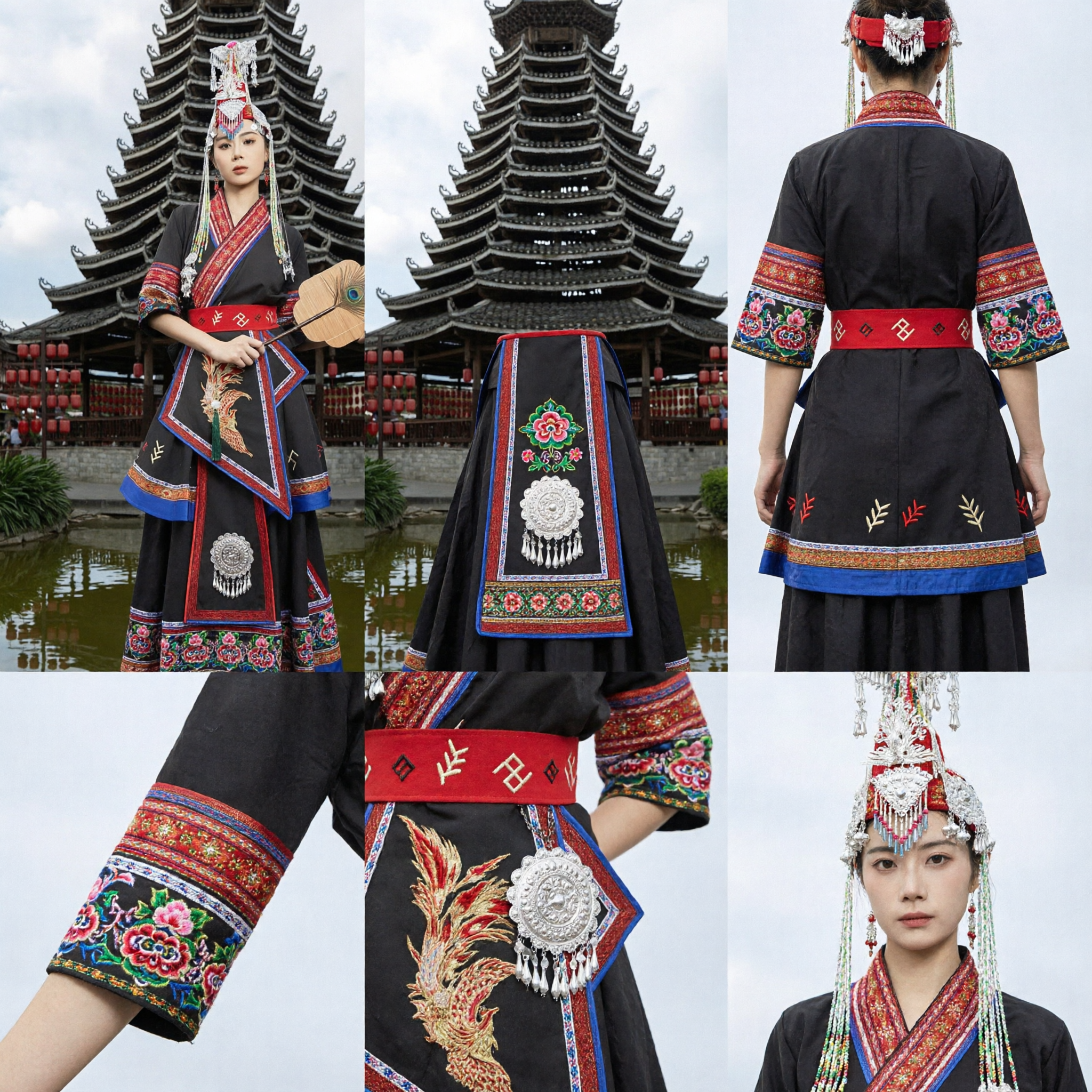 Traditional Chinese Dong Minority Costume Black Ethnic Dress with Silver Headdress for Women Stage Performance - Asian Costume