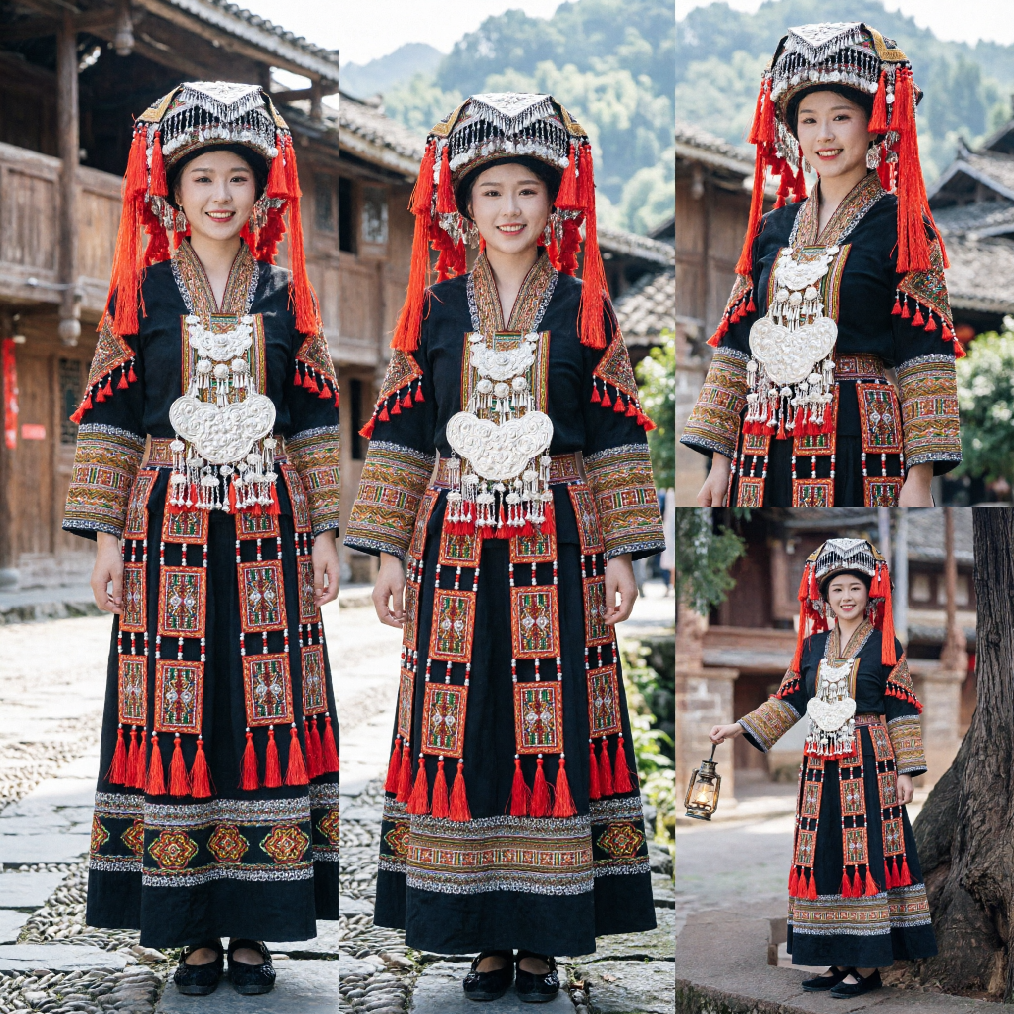 Women's Traditional Chinese Yi Ethnic Costume Set with Embroidered Black Dress and Silver Headdress for Folk Dance Performance - Asian Costume