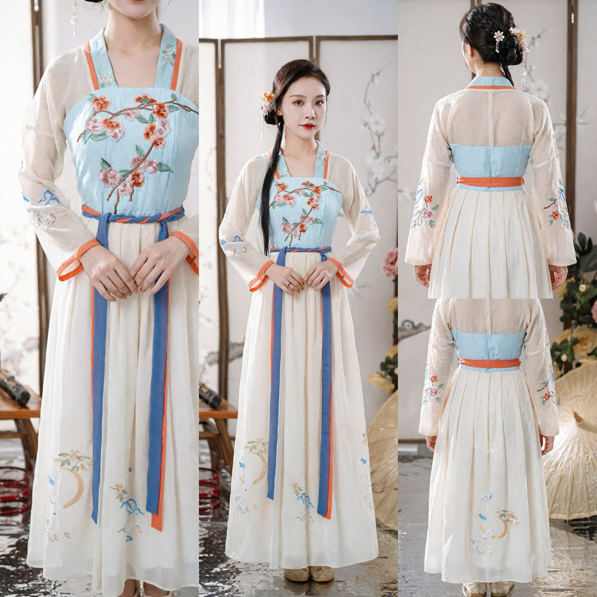 Elegant Chinese Traditional Hanfu Tang Dynasty Ruqun Set Embroidered Floral Fairy Dress for Women - Asian Costume