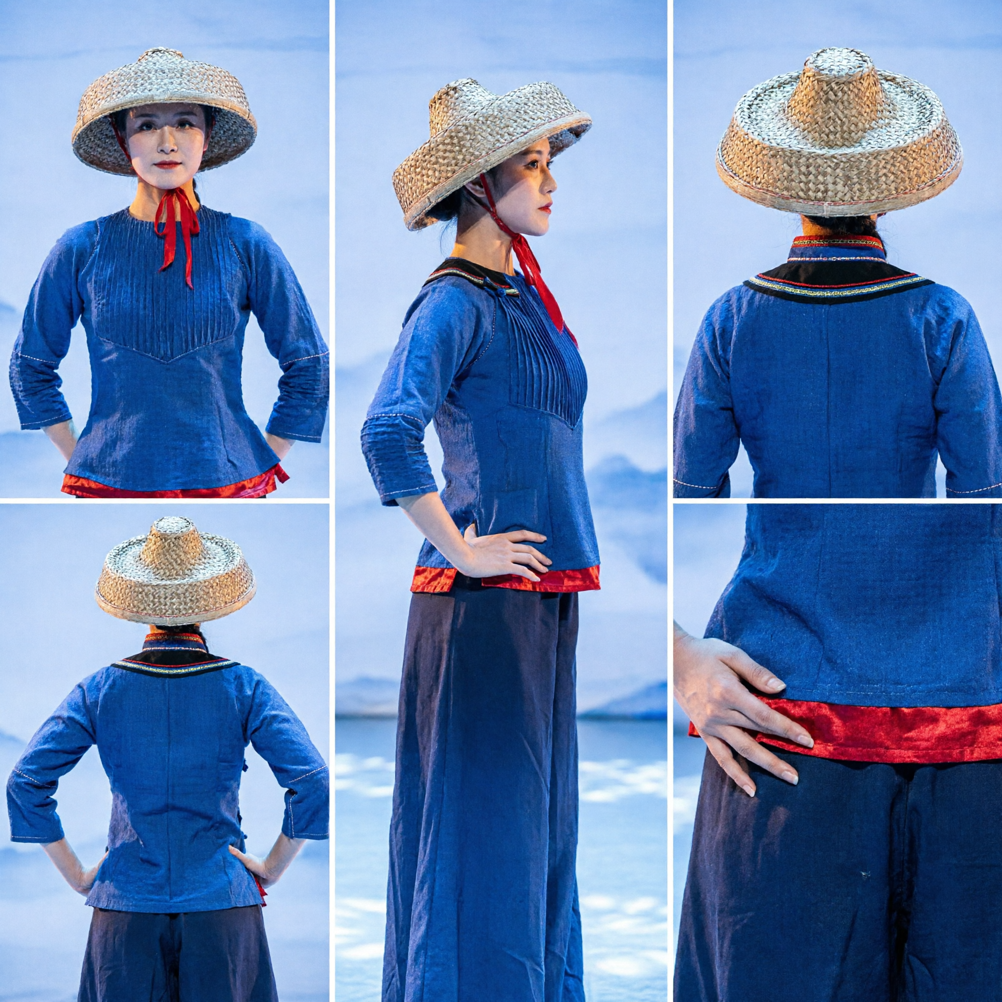 Traditional Chinese Folk Dance Costume Blue Peasant Outfit with Straw Hat for Women Group Stage Performance - Asian Costume