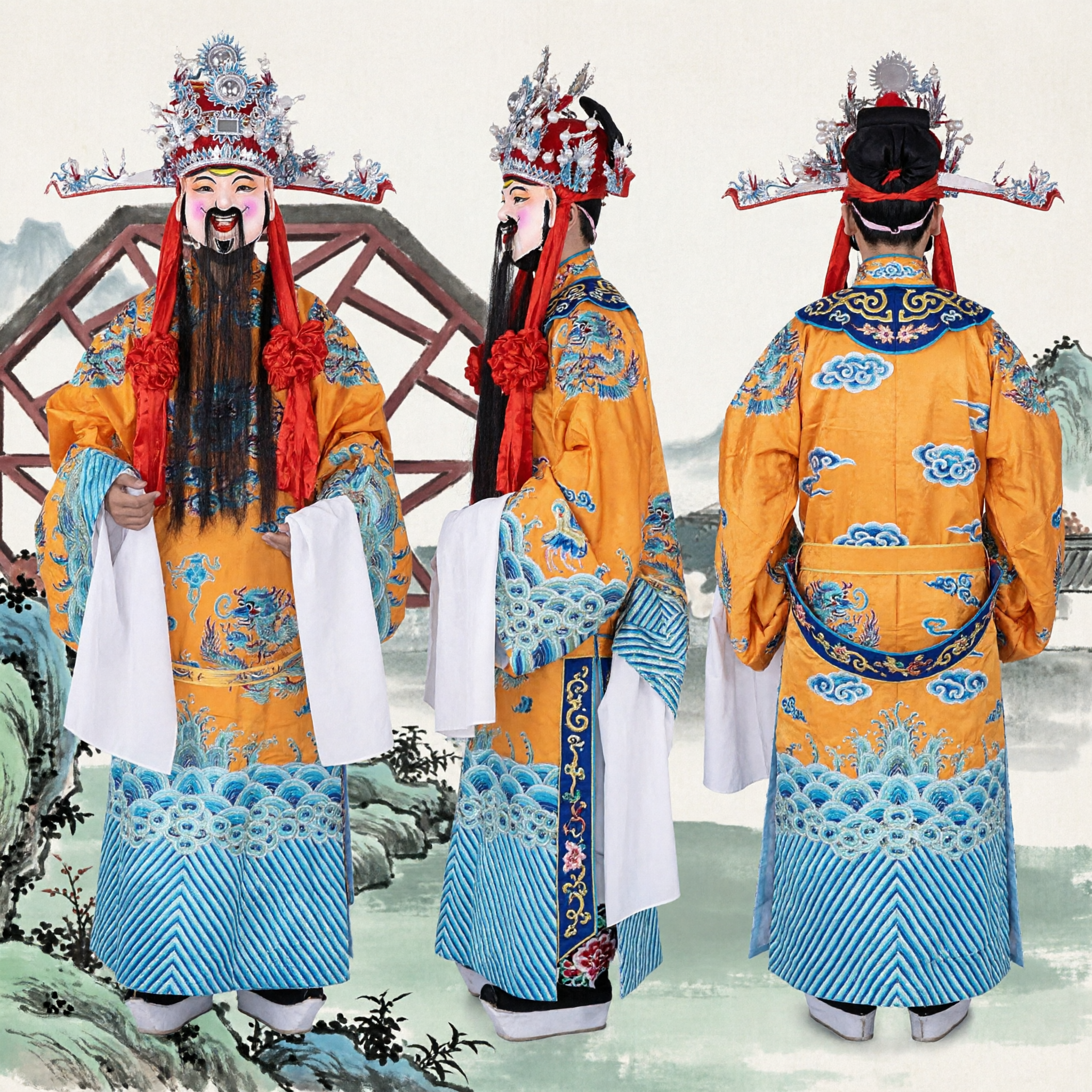 Traditional Chinese Beijing Opera Costume Yellow Embroidered Dragon Robe Complete Set for Men Stage Performance - Asian Costume