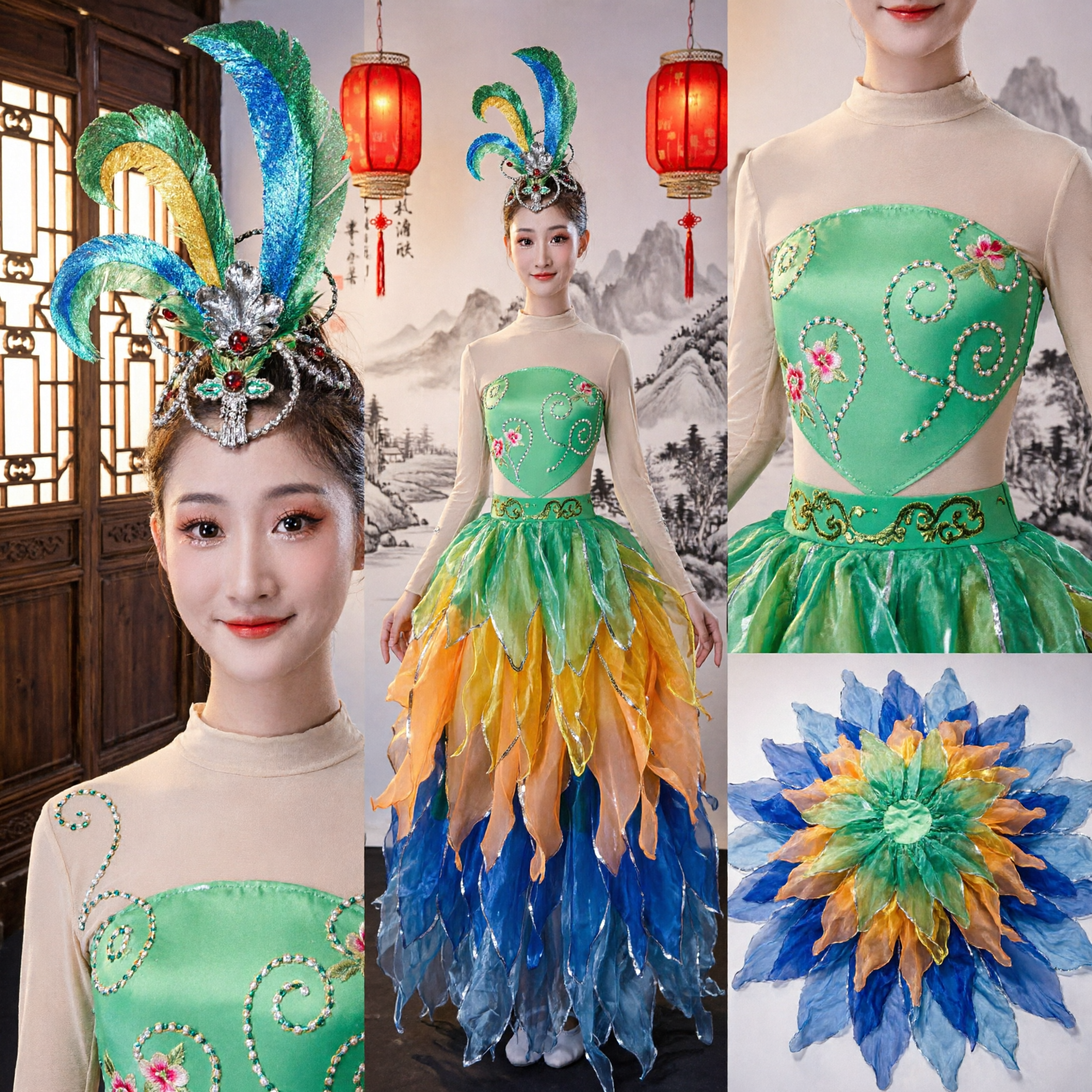 Children's Chinese Peacock Dance Costume Colorful Layered Feather Skirt Stage Performance Dress for Girls - Asian Costume