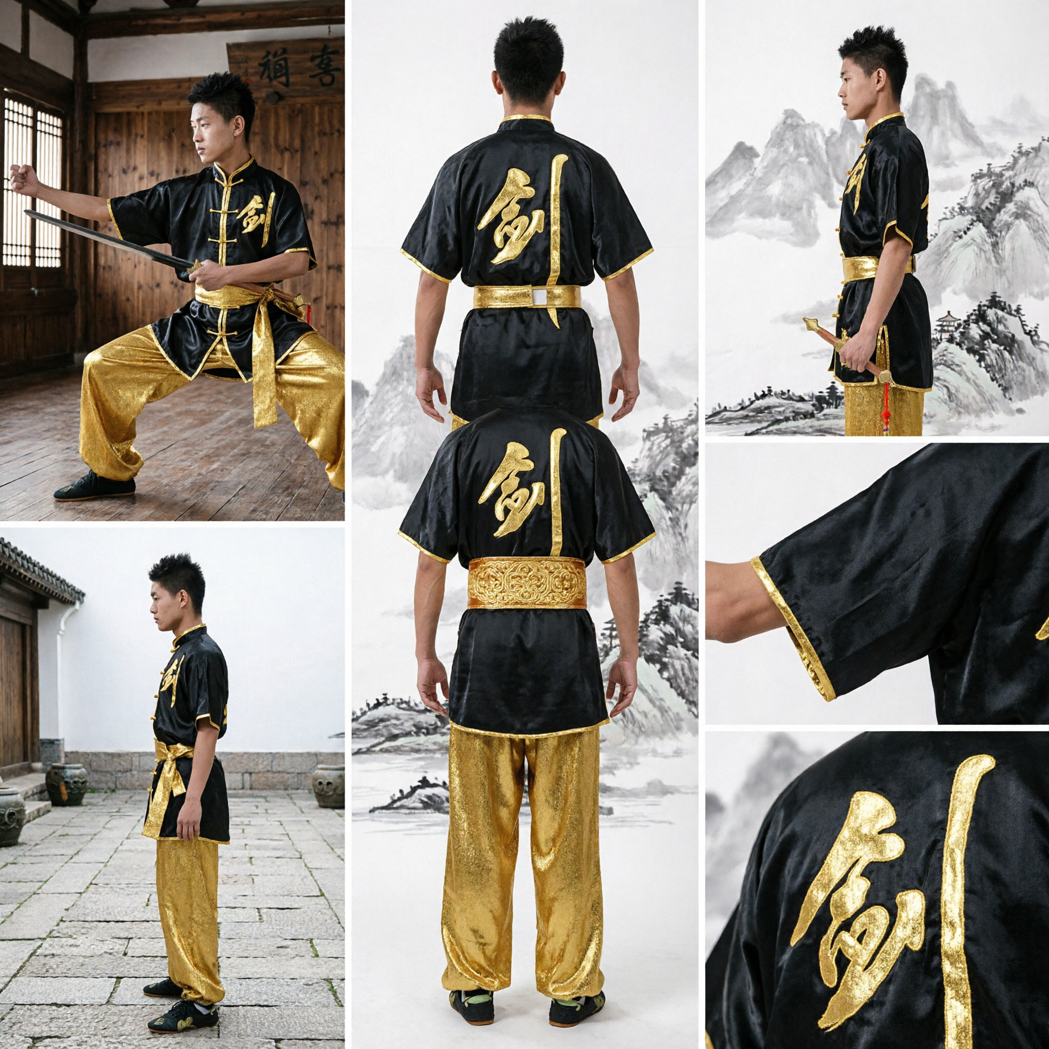 Men's Wushu Uniform Set Black Top Gold Pants Traditional Kung Fu Costume for Martial Arts Performance - Asian Costume