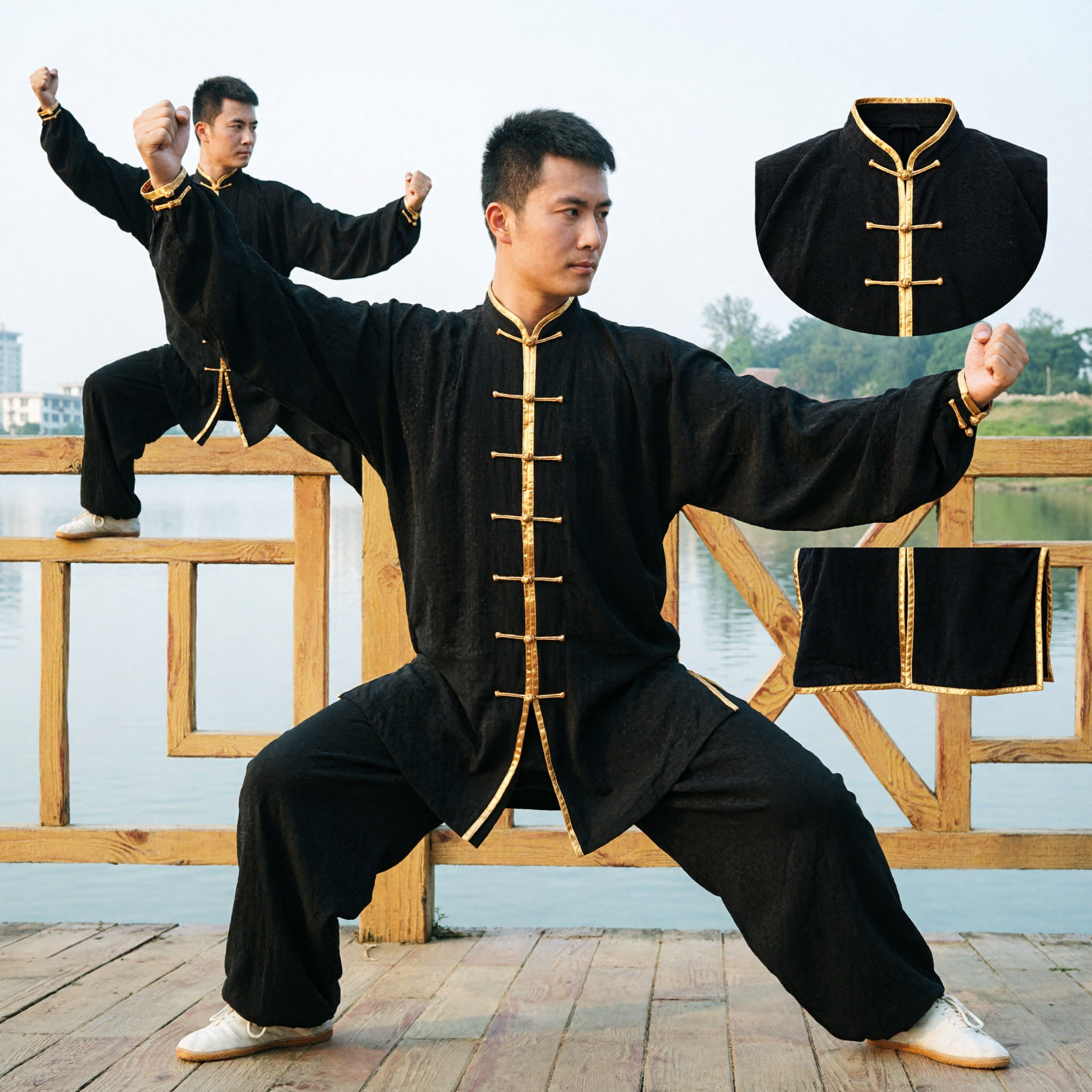 Men's Traditional Kung Fu Uniform Black Martial Arts Tai Chi Suit with Gold Frog Buttons for Practice - Asian Costume