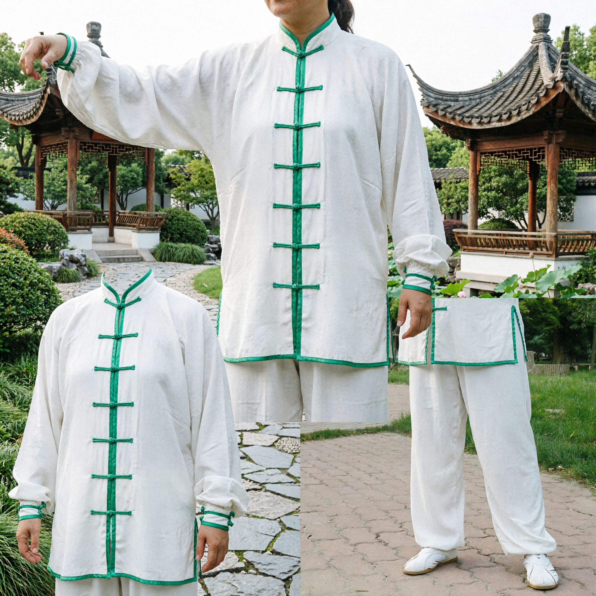 White Tai Chi Uniform for Women with Green Trim Traditional Kung Fu Suit for Martial Arts Practice - Asian Costume