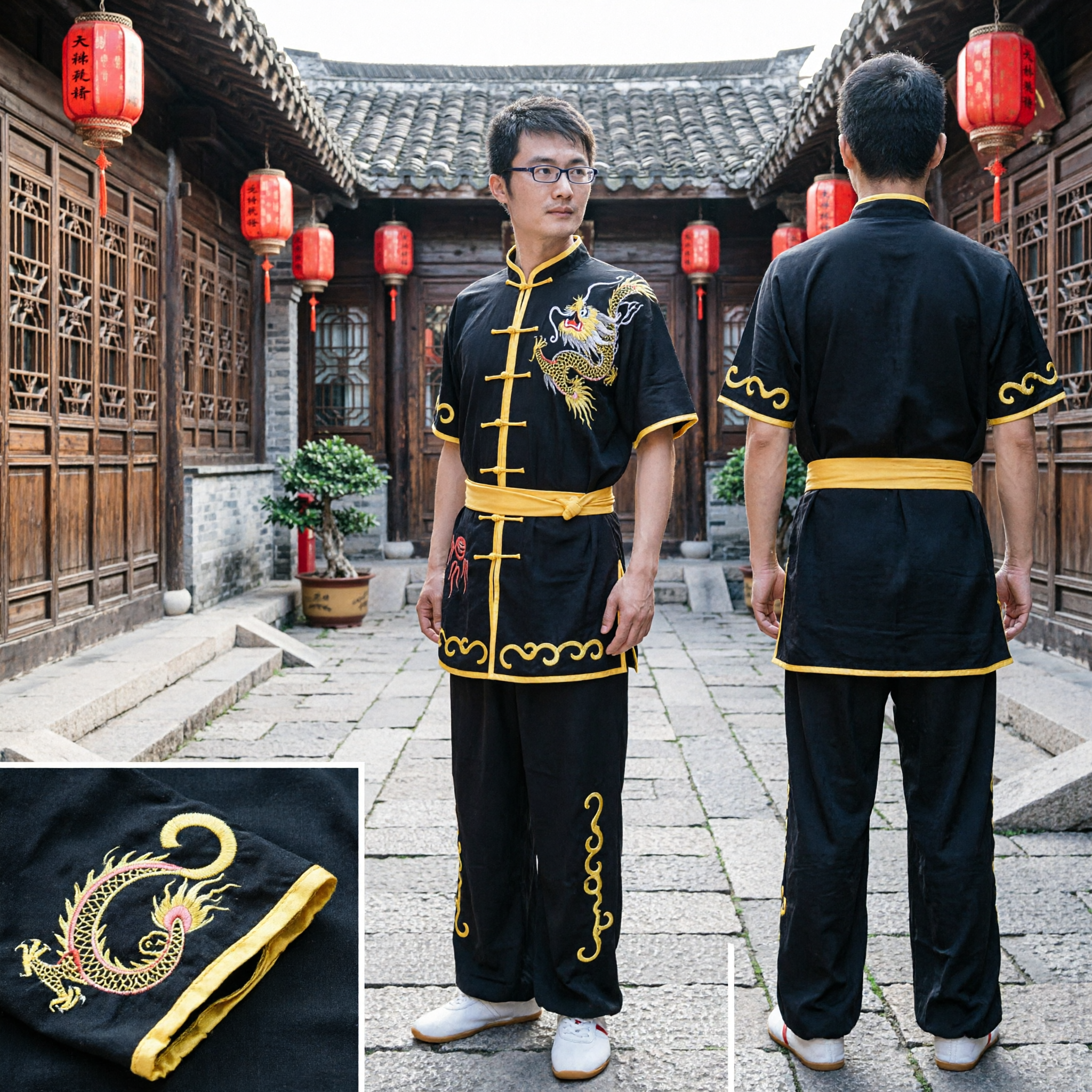 Men's Black Dragon Embroidered Kung Fu Uniform Traditional Wushu Tai Chi Martial Arts Costume Set - Asian Costume
