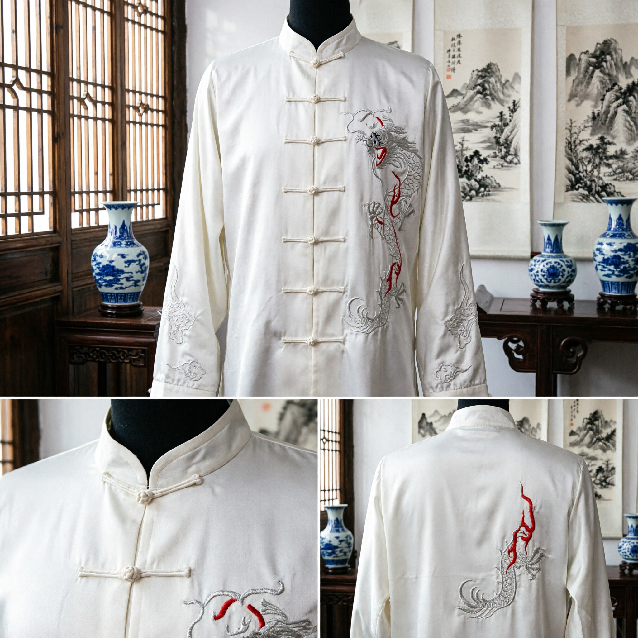 White Satin Dragon Embroidery Tai Chi Uniform Traditional Chinese Kung Fu Wushu Martial Arts Suit for Men - Asian Costume