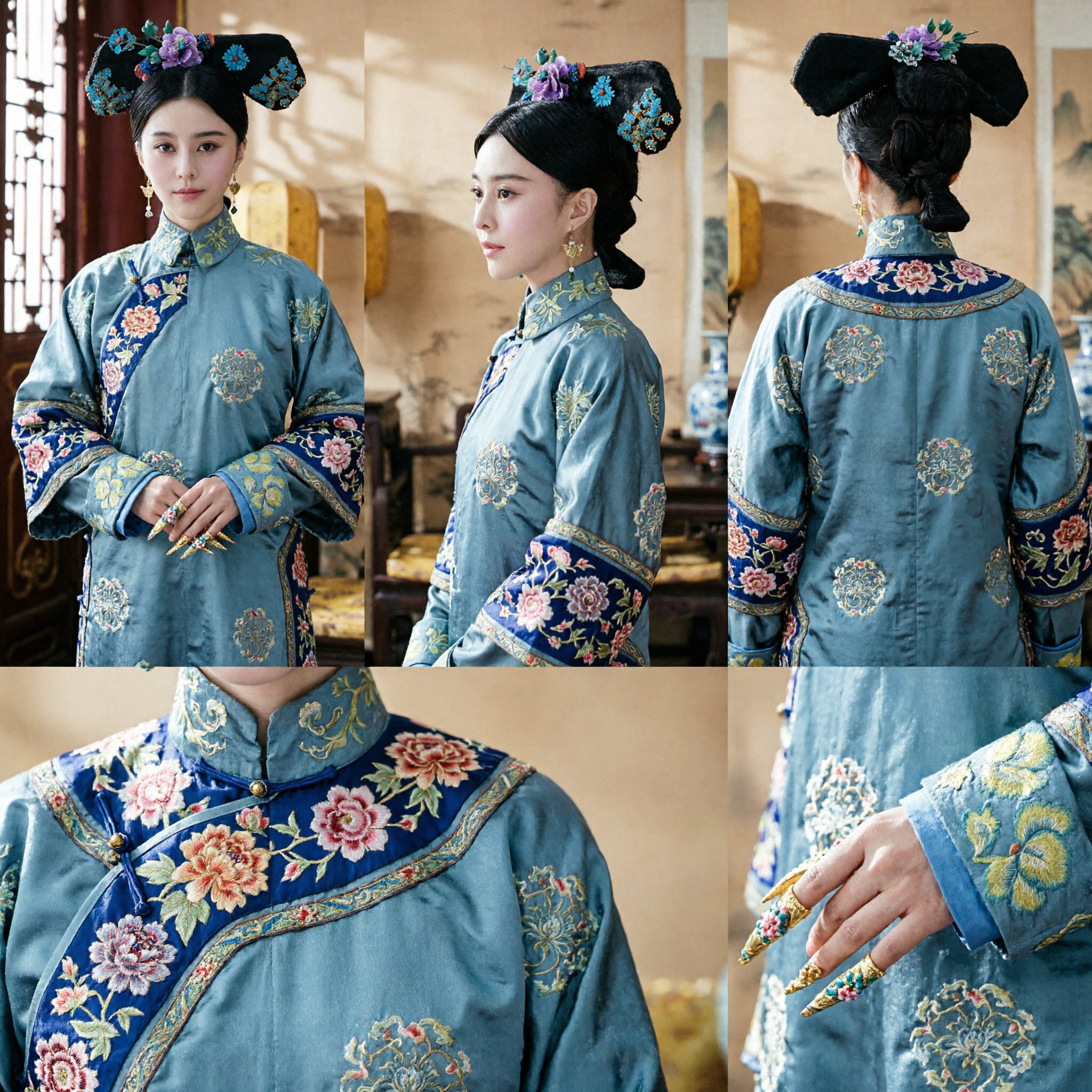 Women's Qing Dynasty Imperial Concubine Costume Set with Floral Headdress and Nail Guards for Cosplay - Asian Costume