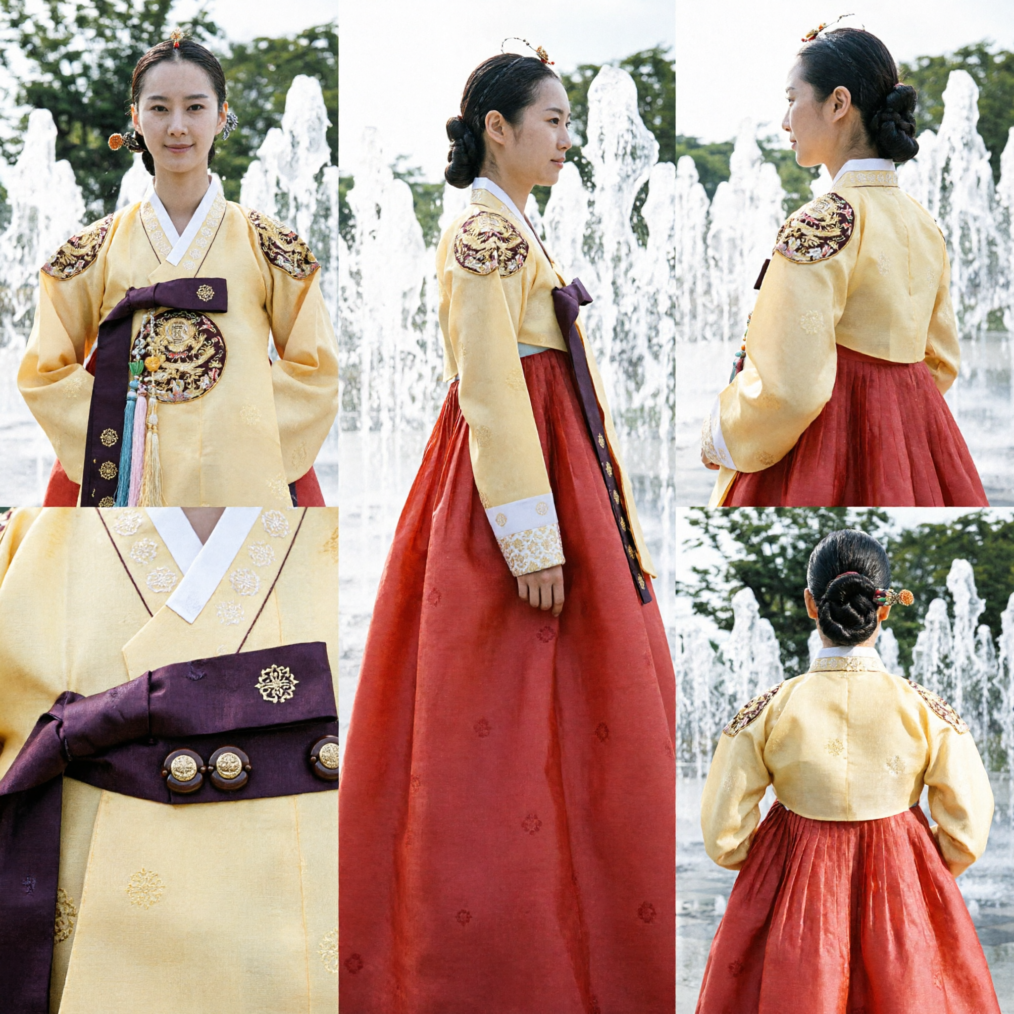 Women's Traditional Korean Hanbok Royal Palace Costume Yellow Embroidered Top and Red Skirt Set - Asian Costume