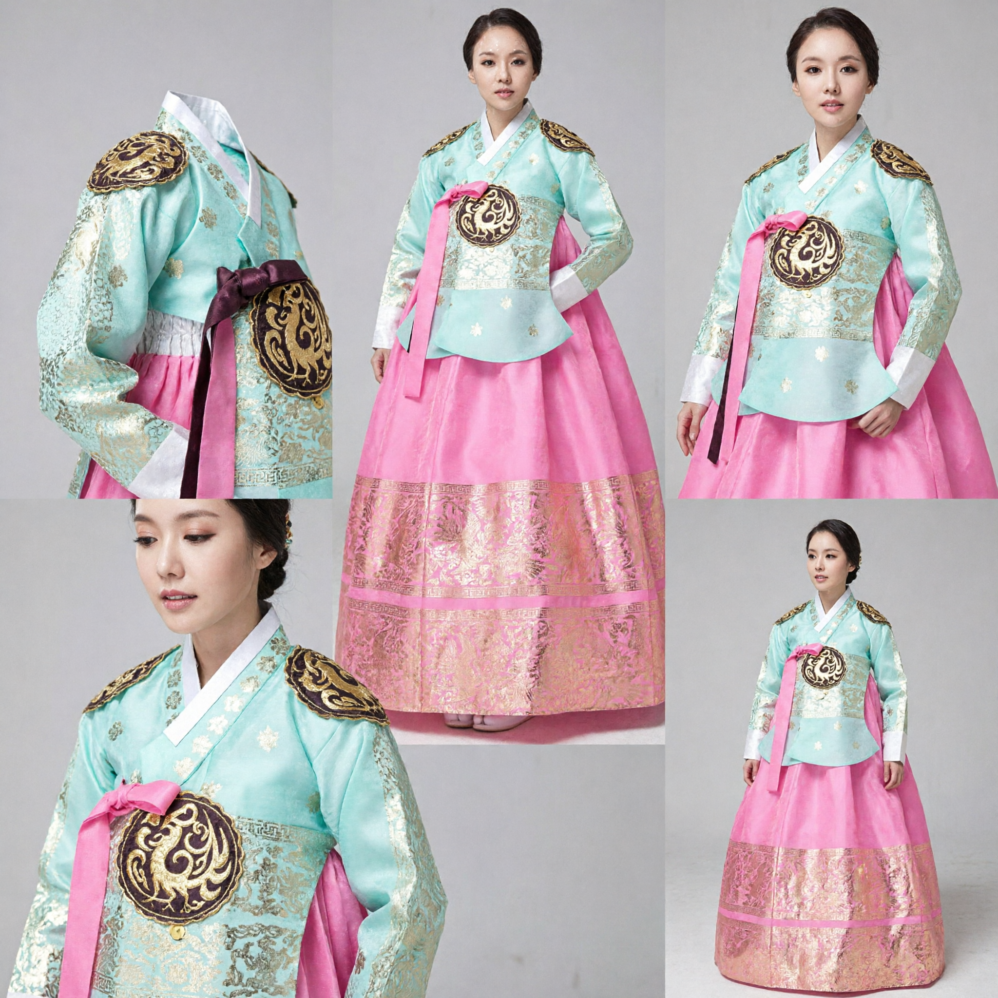 Women's Traditional Korean Hanbok Royal Palace Style Mint Blue and Pink Embroidered Dress for Wedding Performance - Asian Costume