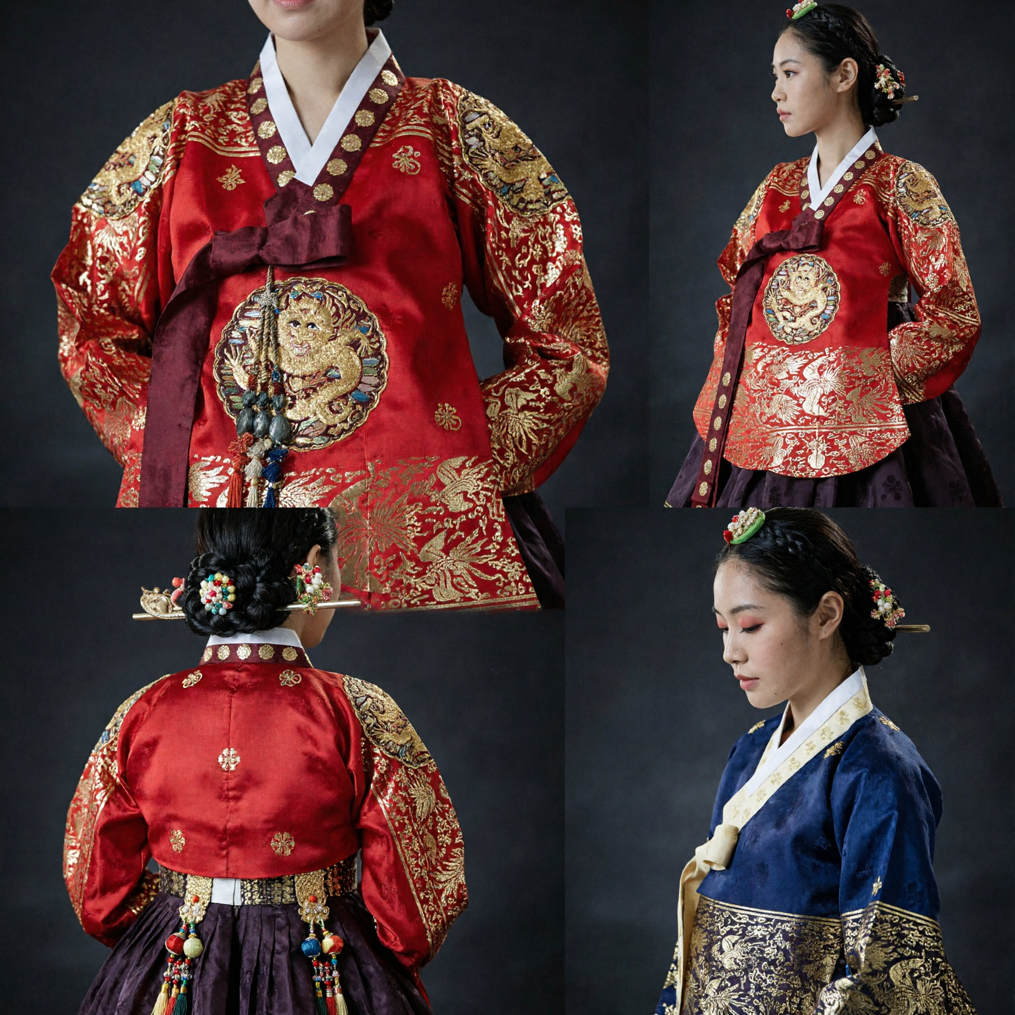 Traditional Korean Royal Hanbok Dress for Women Red and Purple Gold Embroidered Wedding Ceremony Costume - Asian Costume