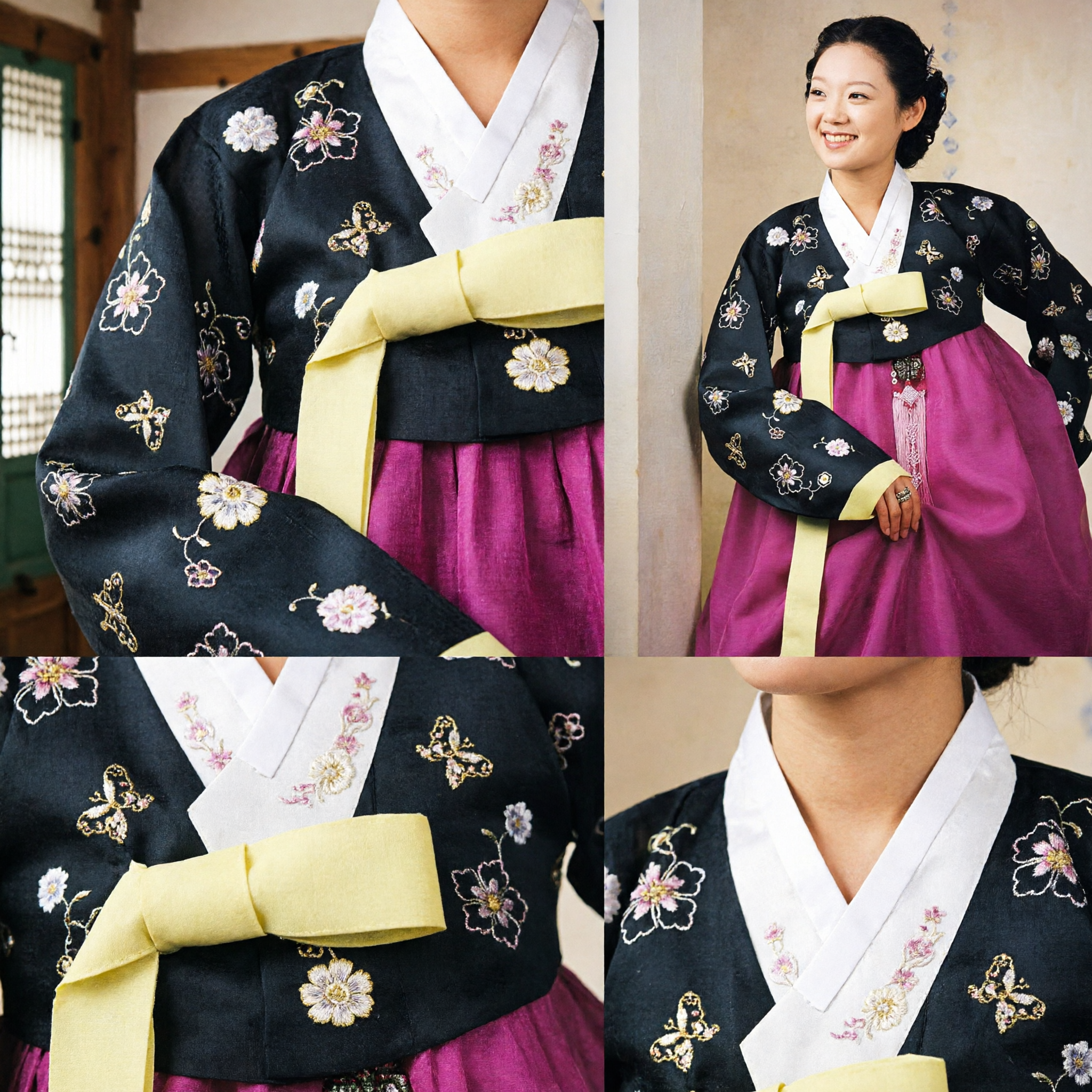 Elegant Korean Hanbok Traditional Dress for Women Black Floral Embroidered Jeogori and Pink Chima Set - Asian Costume