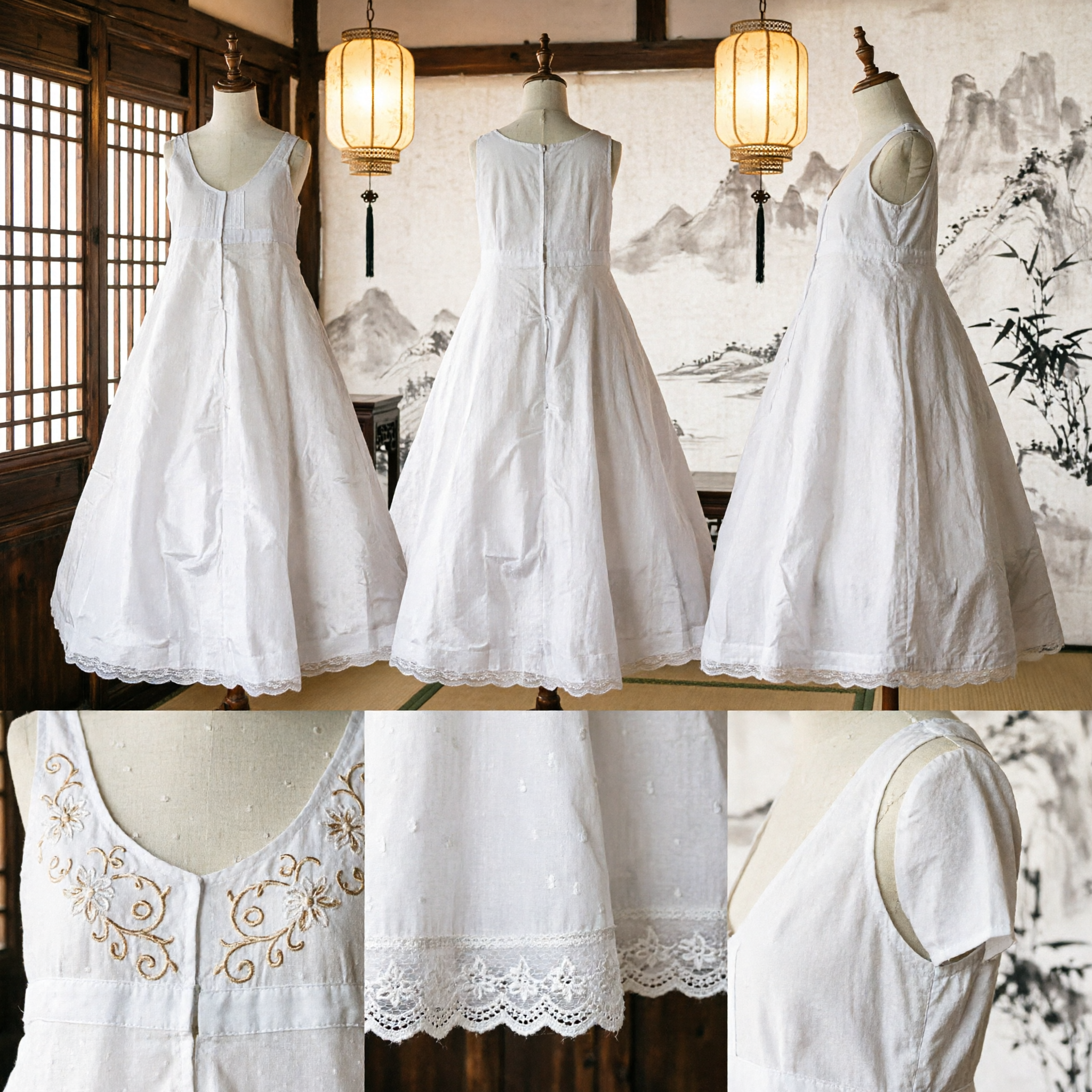 White Floor-Length Satin Petticoat Underskirt for Girls with Lace Trim for Hanfu and Formal Wear - Asian Costume