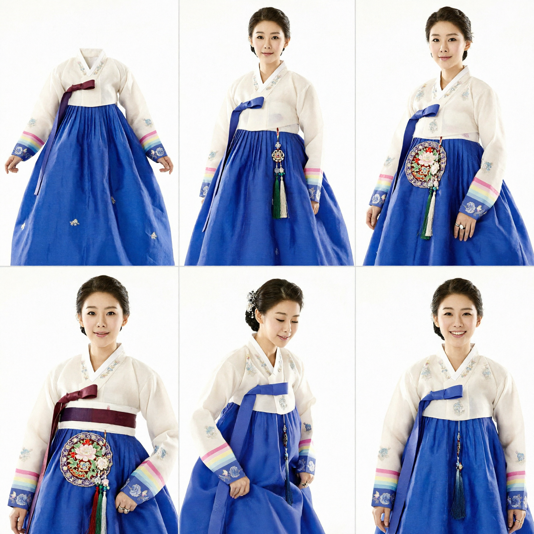 Elegant Traditional Korean Hanbok for Women White Embroidered Jeogori and Royal Blue Chima Dress Set - Asian Costume