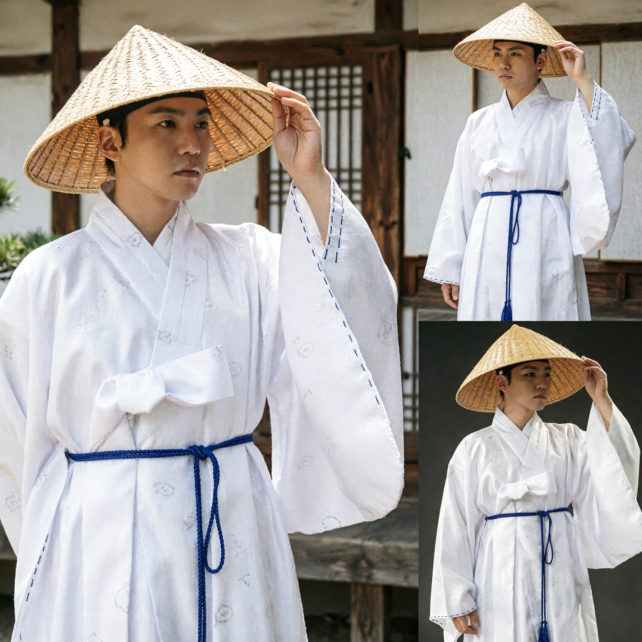 Men's Traditional Chinese Hanfu White Scholar Robe with Straw Hat Wuxia Swordsman Costume Set - Asian Costume