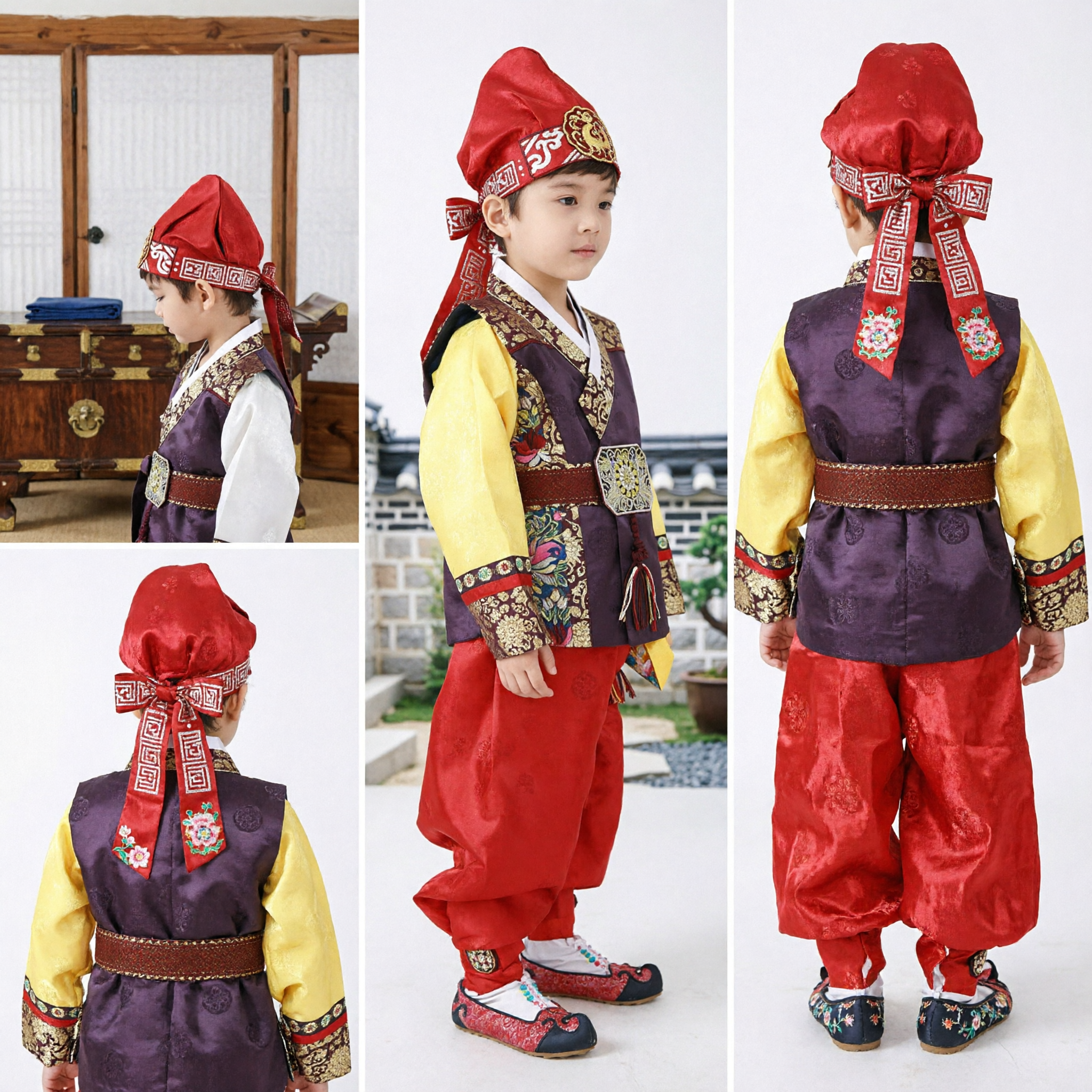 Boys Korean Traditional Hanbok Costume Set Embroidered Vest Red Pants Hat for Lunar New Year - Asian Costume