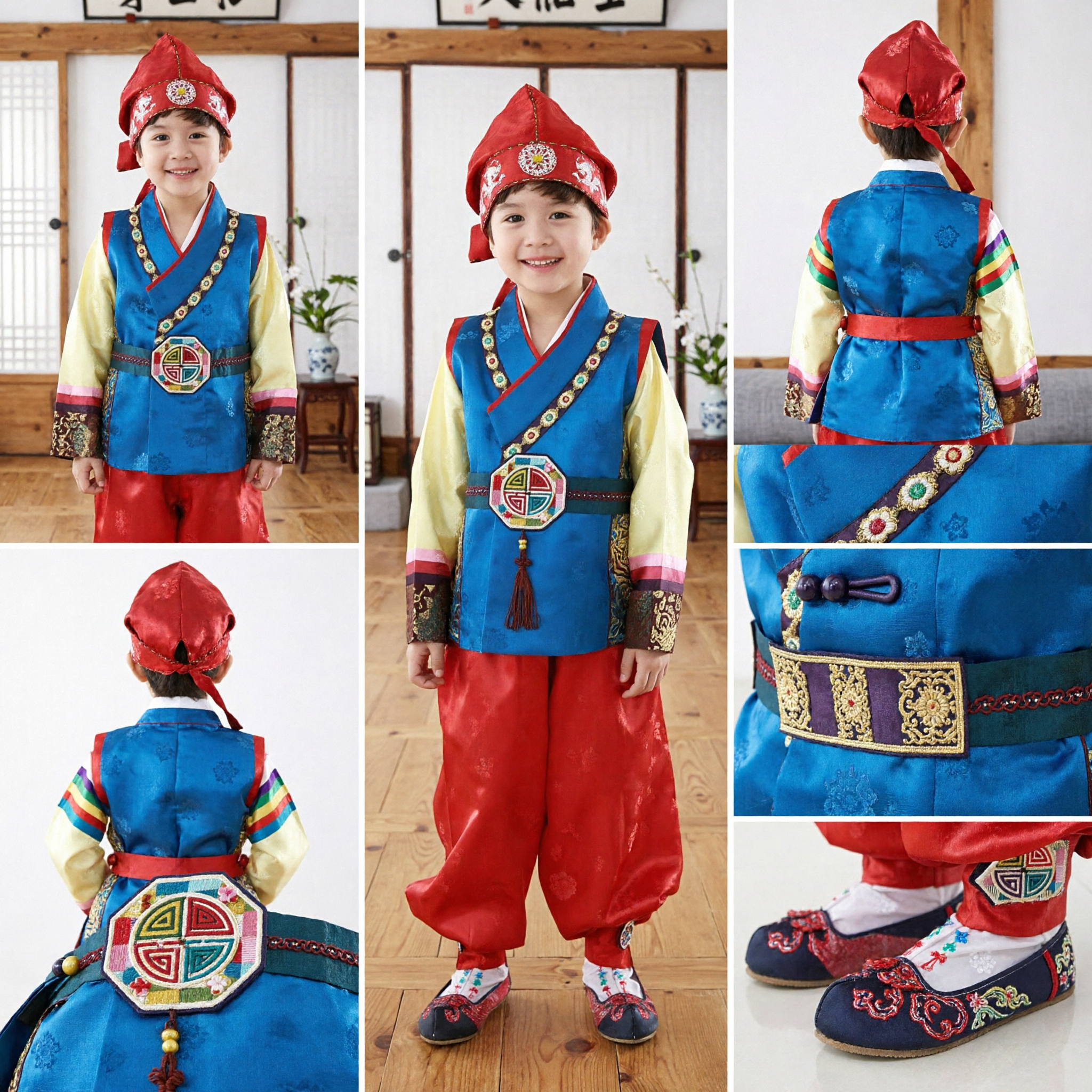 Traditional Korean Hanbok for Boys Blue Vest Red Pants Doljanchi First Birthday Wedding Costume - Asian Costume