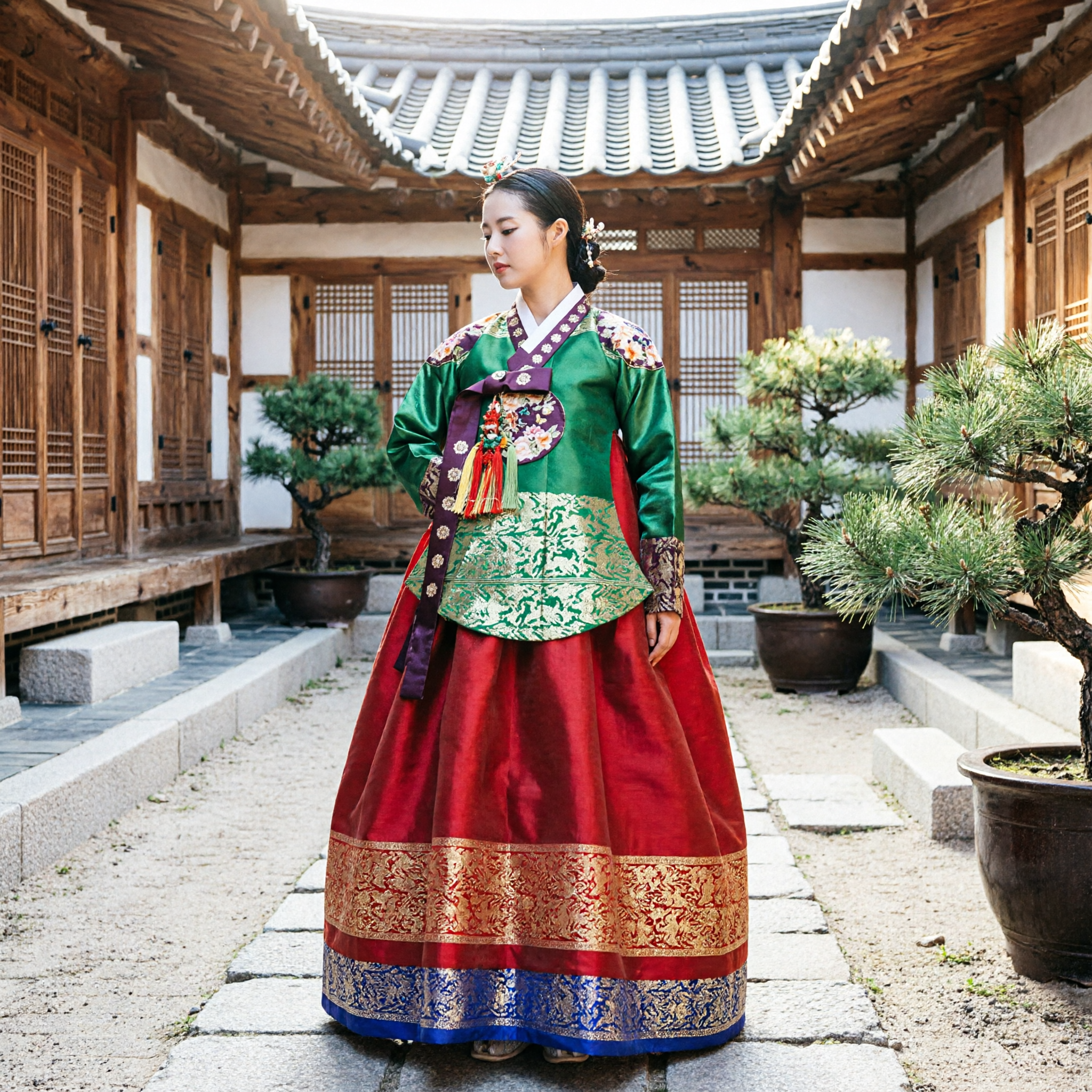Women's Traditional Korean Hanbok Set Green Floral Jeogori and Red Gold Chima for Wedding and Formal Events - Asian Costume