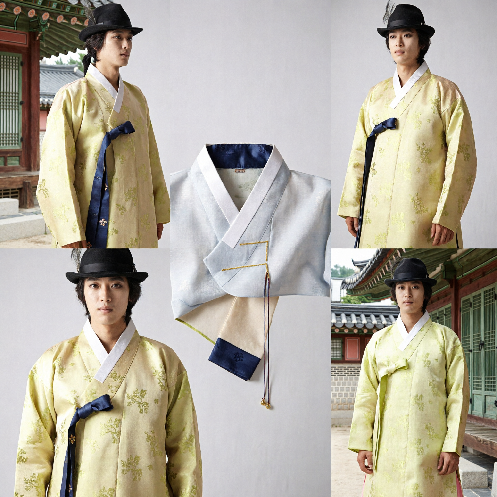 Men's Traditional Korean Hanbok Set with Feathered Gat Hat for Weddings and Historical Events - Asian Costume