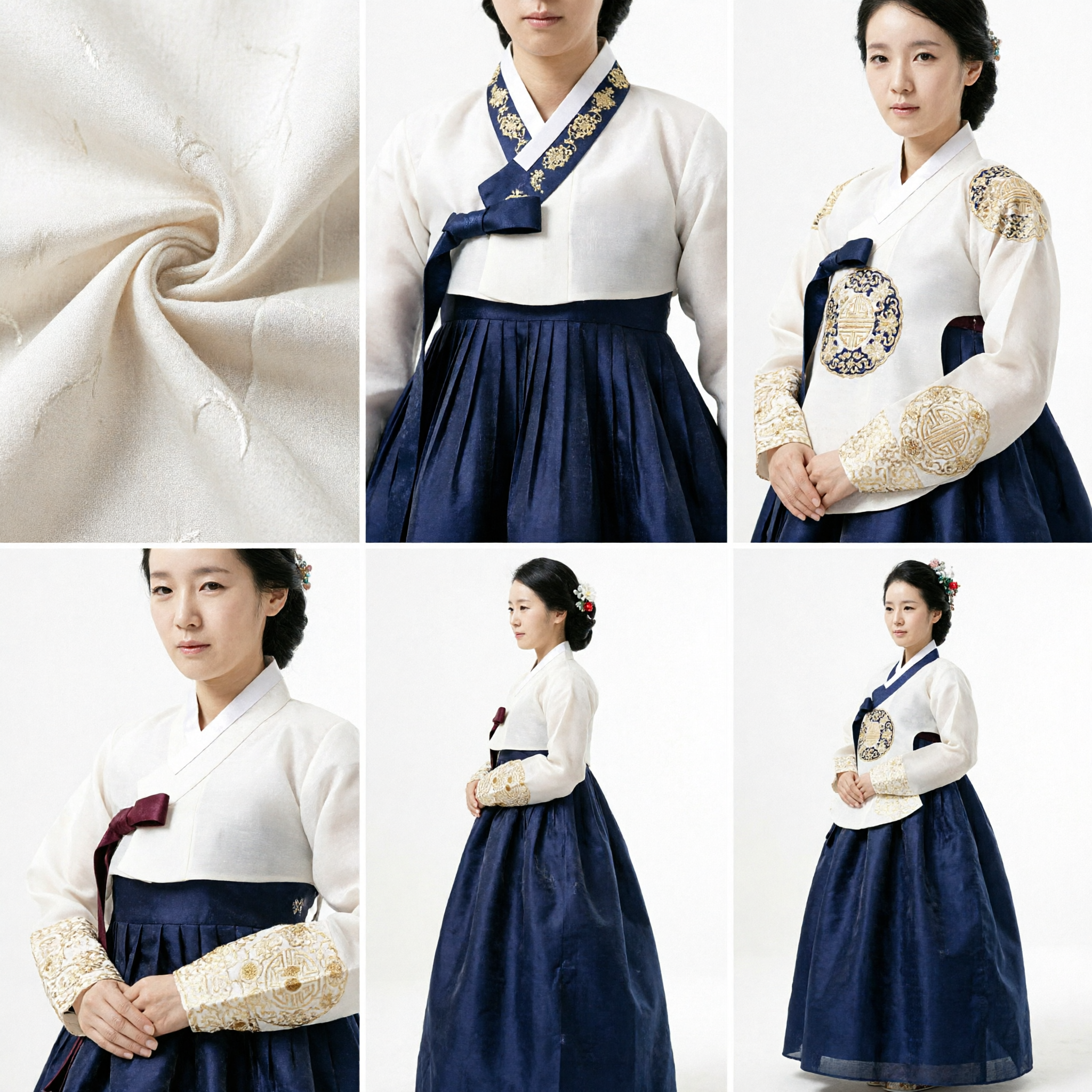 Traditional Korean Hanbok for Women White Lace Jeogori and Navy Blue Chima Formal Wedding Dress - Asian Costume
