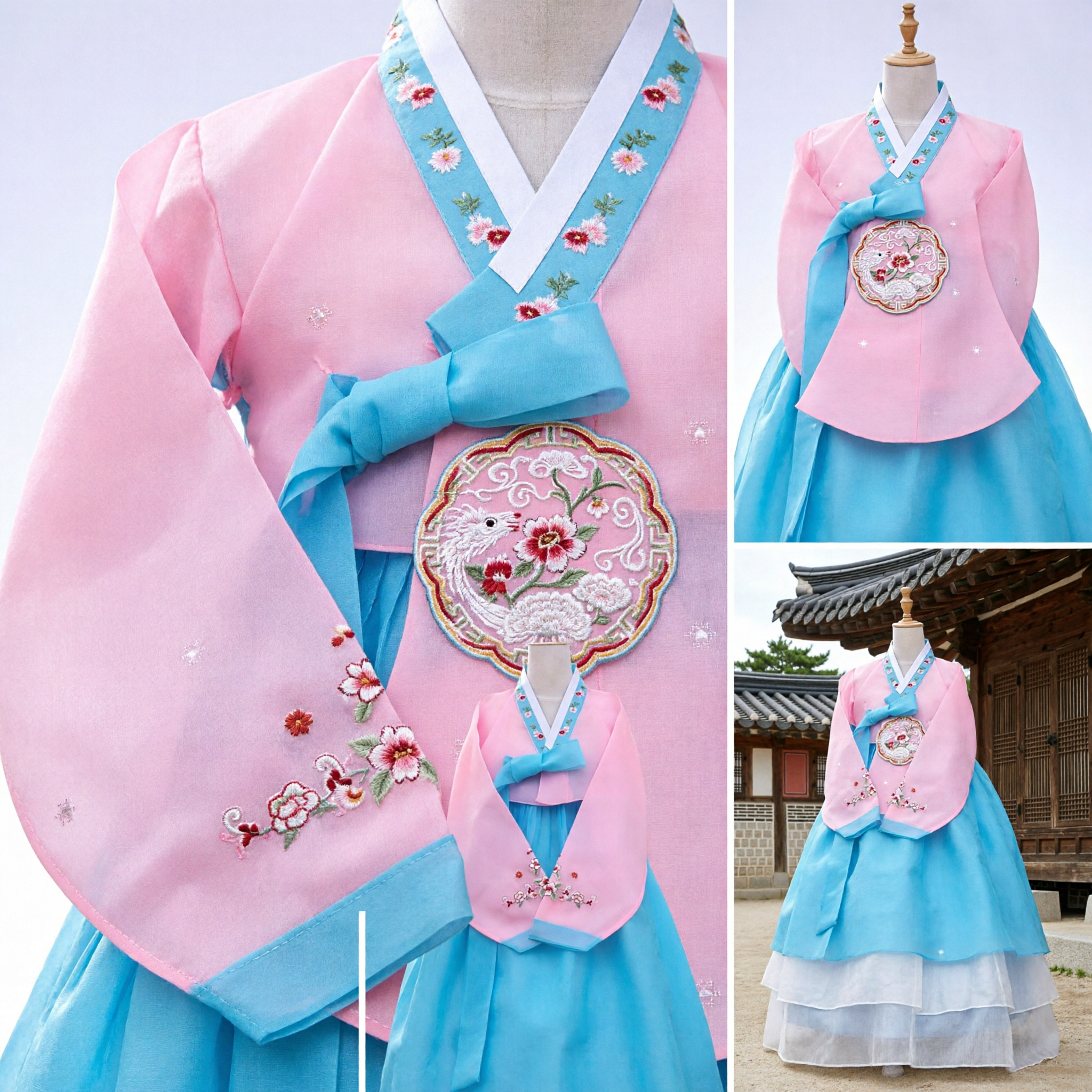 Traditional Korean Hanbok Dress Pink and Blue Floral Embroidery Costume for Women Wedding Party Performance - Asian Costume
