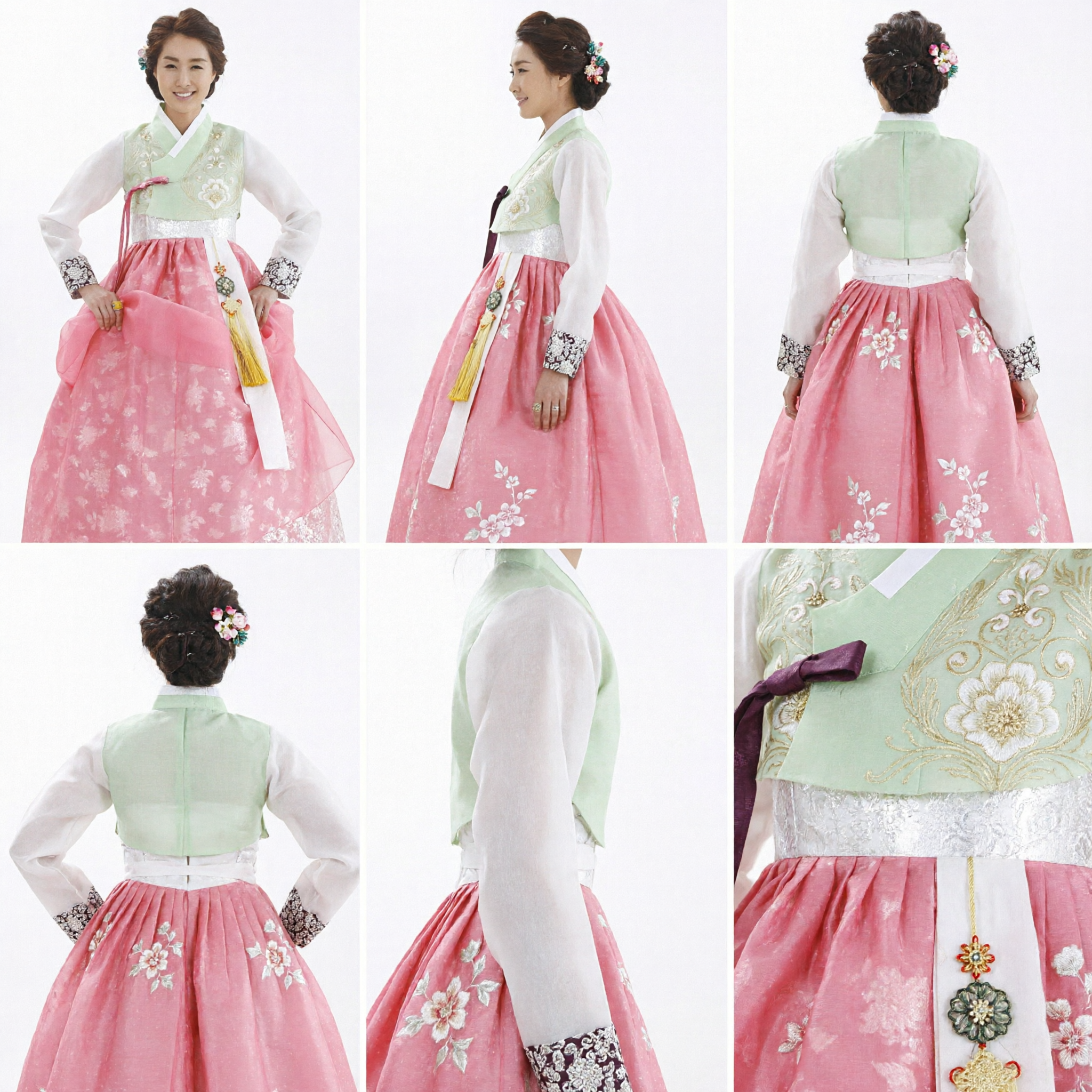 Elegant Traditional Korean Hanbok for Women Pink Floral Chima and Mint Green Jeogori for Festivals - Asian Costume