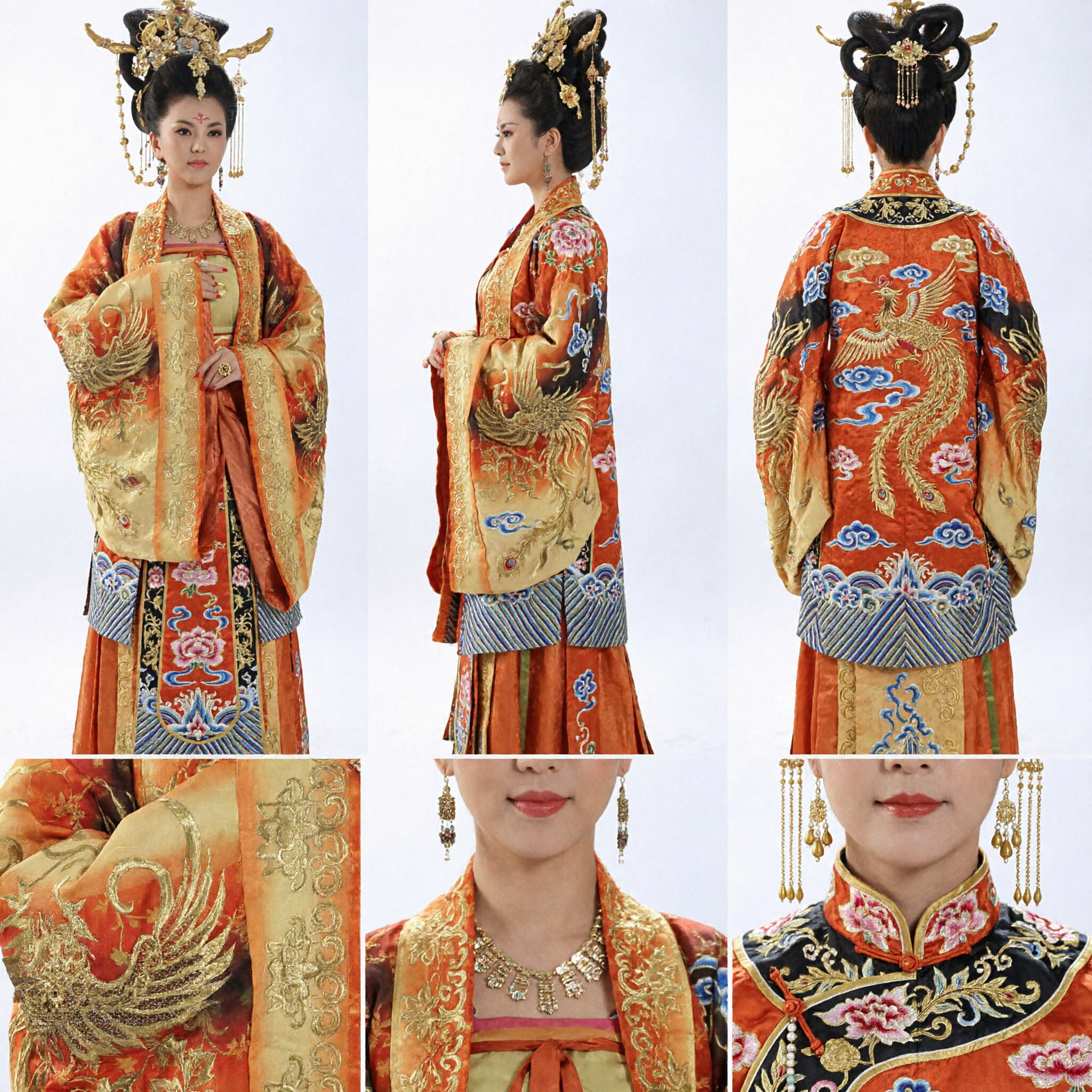 Ancient Chinese Tang Dynasty Palace Lady Costume Orange Gold Phoenix Embroidery Hanfu Dress for Women Performance - Asian Costume