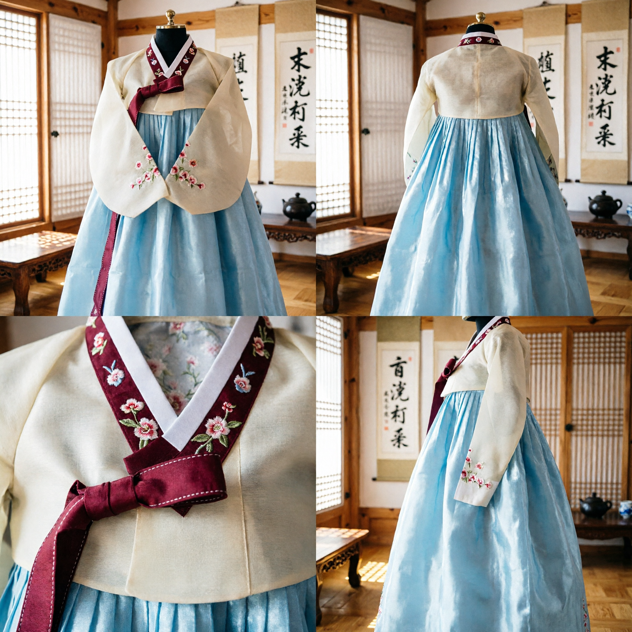 Traditional Korean Hanbok Dress for Women Light Blue Skirt White Top Floral Embroidery Costume for Wedding Party - Asian Costume